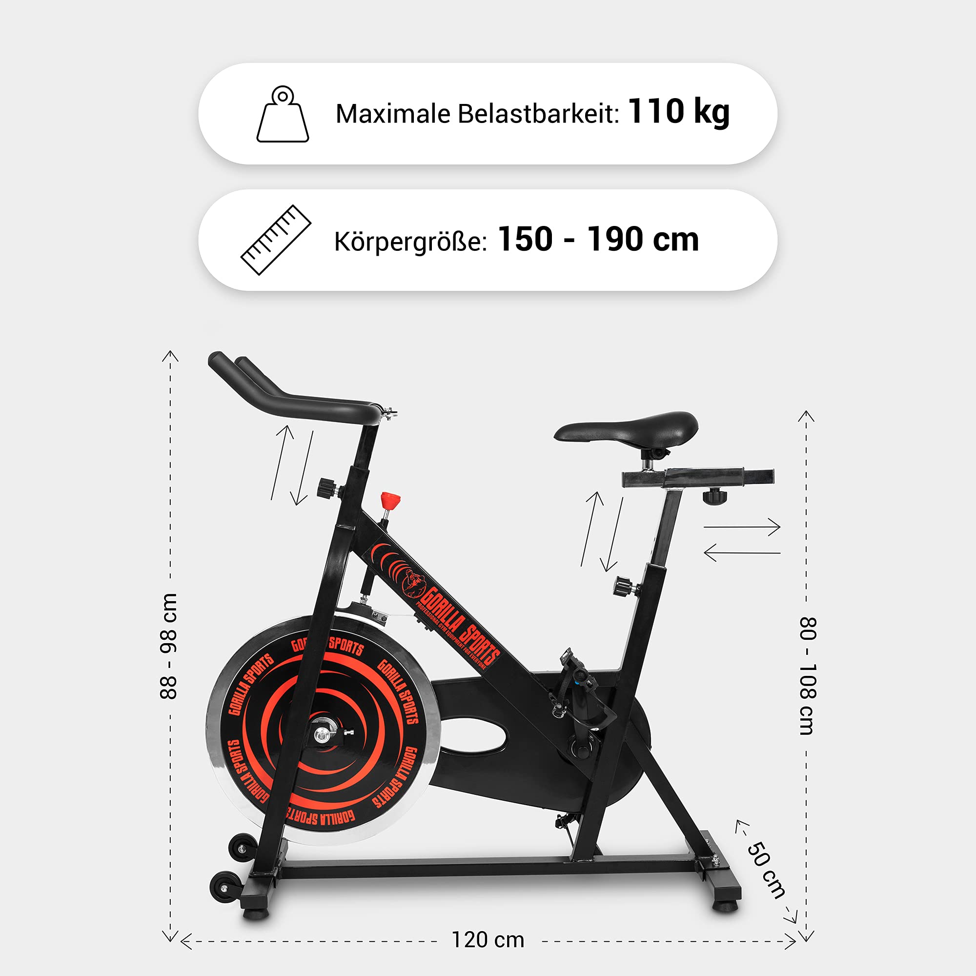 GORILLA SPORTS® Indoor Cycling Bike mit 13-kg-Schwungrad, bis 110 kg | Stufenloser Widerstand, 11-fach verstellbarer Sattel und 5-fach verstellbarer Lenker, Kettenantrieb für Home-Gym und Cardio