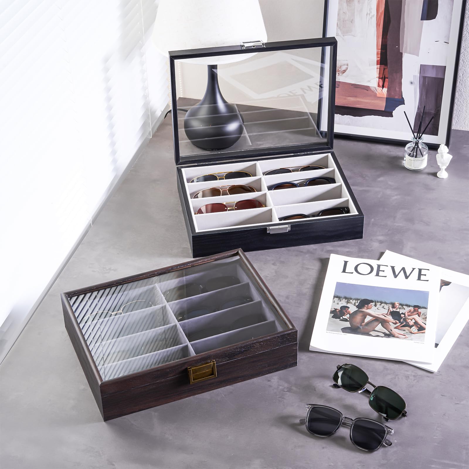 ProCase Porta Occhiali da Sole in Legno 8 Slots, Porta Occhiali Multiplo da Casa, Espositore Occhiali da Sole con Coperchio in Vetro -Nero