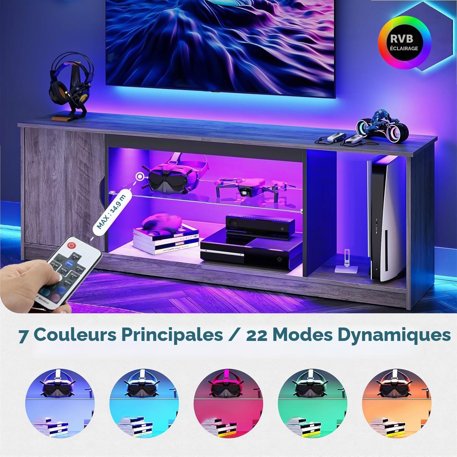 Bestier Support TV LED de 145 cm pour TV de 55/60/65" avec Armoire pour PS5, Moderne, avec étagères en Verre réglables, pour Salon, Chambre à Coucher