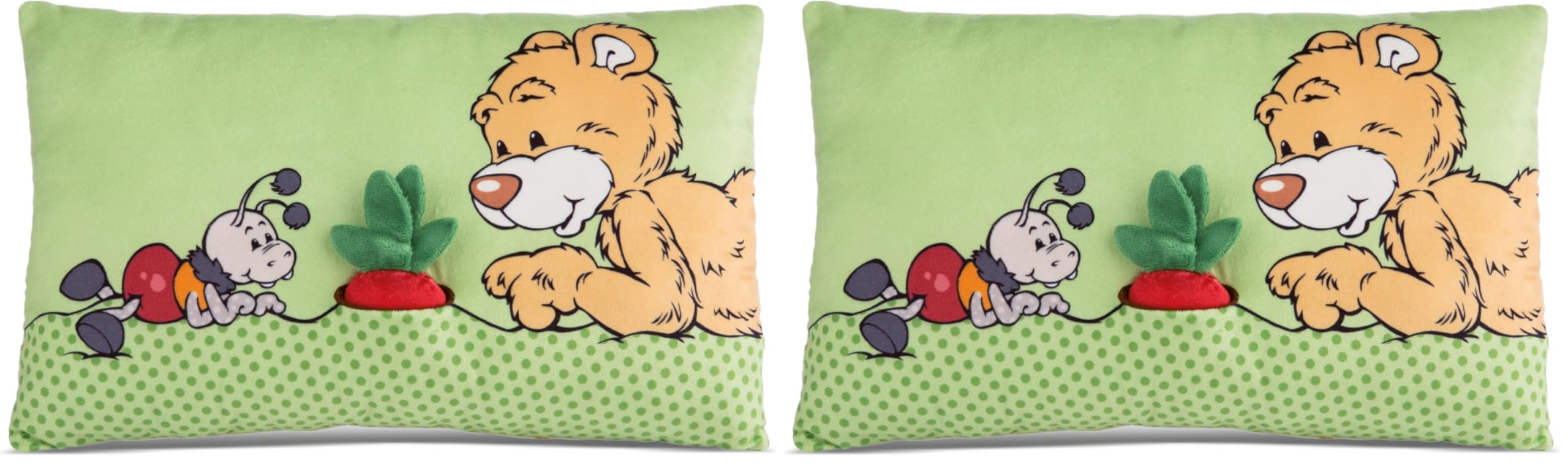 NICI Kuschelkissen Bär Milo mit 2-D Radieschen 43 x 25cm, Weiches Plüsch, Flauschiges Kuscheltierkissen mit Teddybär für Mädchen, Jungen & Babys, Rechteckiges Plüschkissen - 49449 (Packung mit 2)