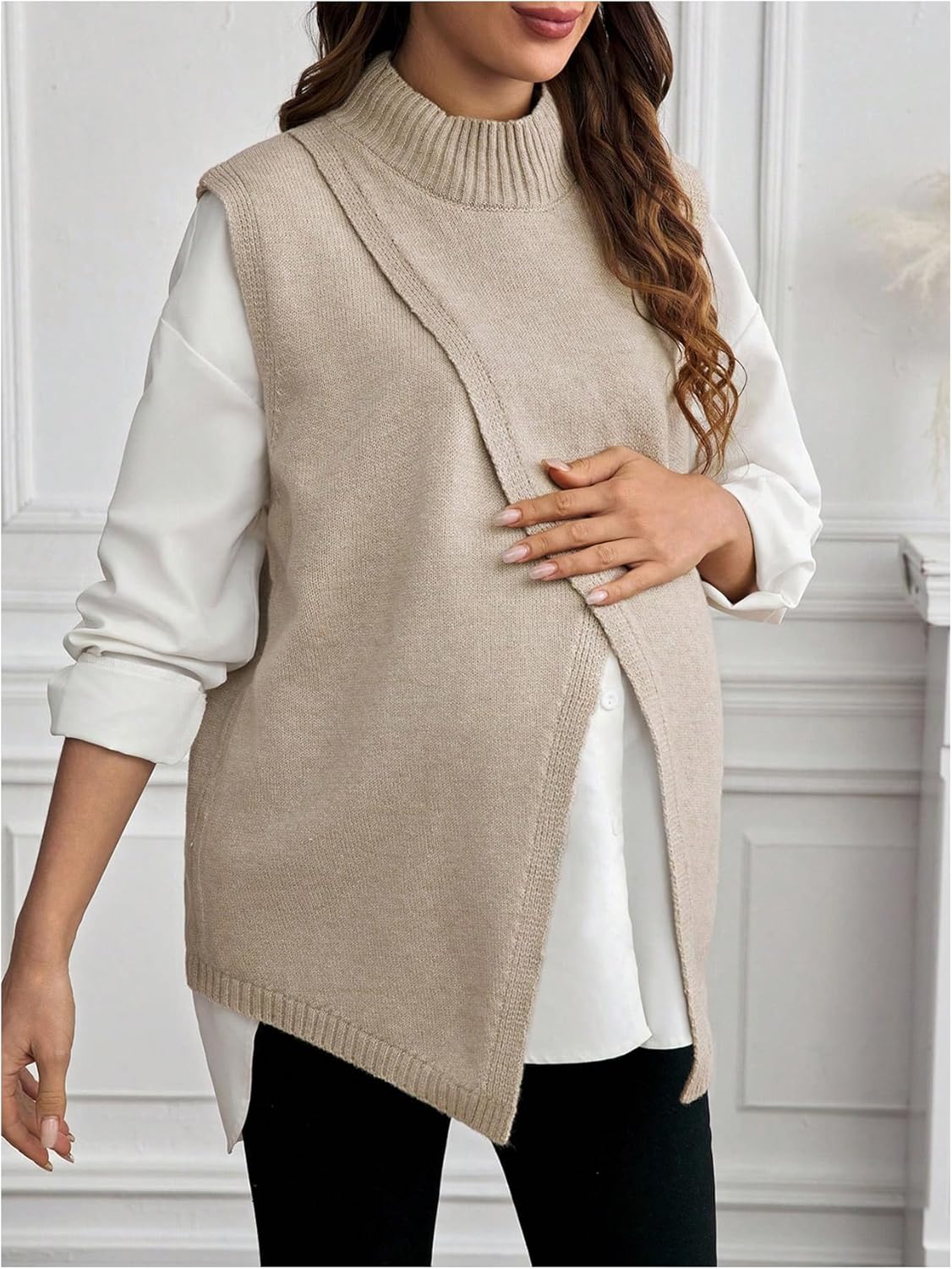 MakeMeChic Women's Maternity Sweater Vest Mock Neck Split Hem Sleeveless Fall Pregnancy Knit Top - Image 4