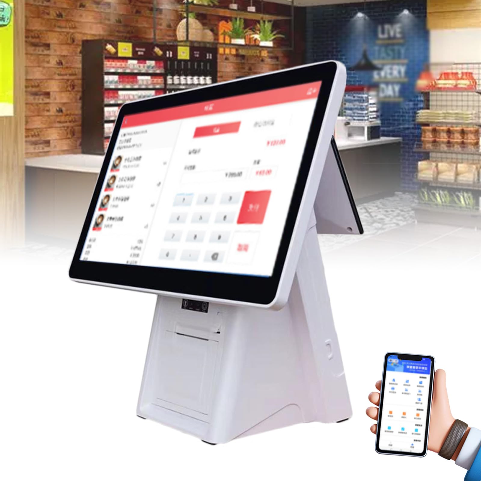 Caisse Enregistreuse POS (15,6"), Écran Tactile, Caisse Enregistreuse Rapide (Distributeur De Tickets Intégré), Résolution 1366×768/4 Go De RAM + 64 Go De SSD, pour Restaurant,Singlescreen