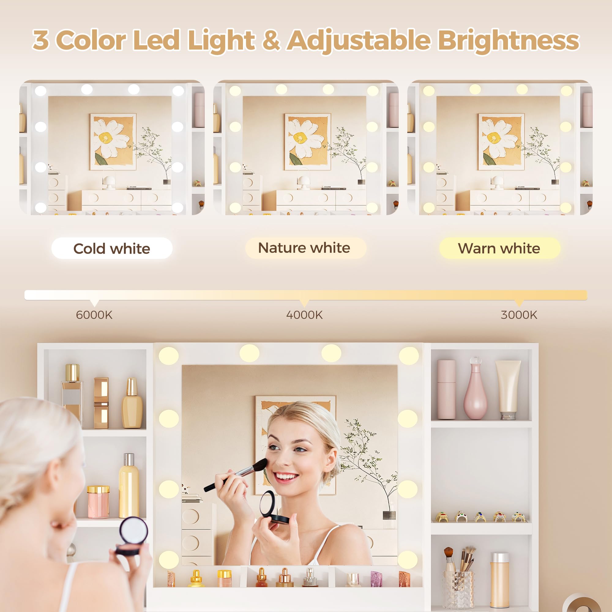 Grande Postazione Trucco,Tavolo da Trucco con Specchio e Luci LED