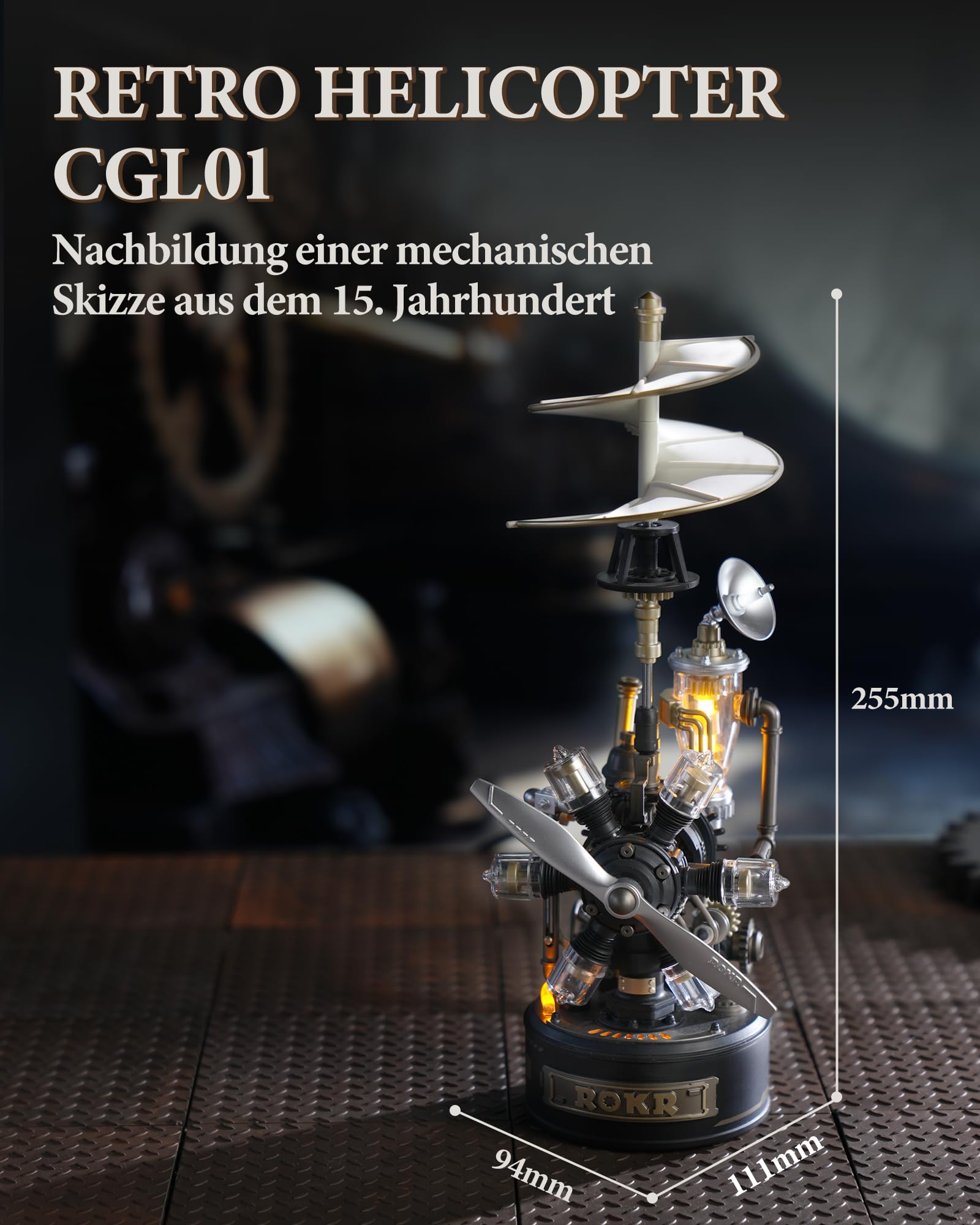 ROKR 3D Puzzle Rotierender Hubschrauber Kunststoff Metall Modelle Bausätze Erwachsene, DIY-Bastelgeschenke Industriestadt (Retro Helicopter)