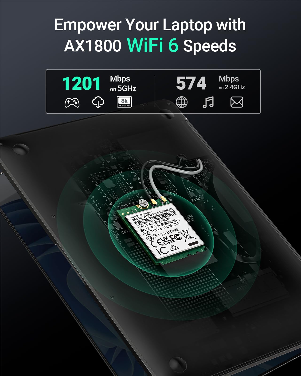 BrosTrend WiFi 6 Scheda di Rete WiFi, Wireless M.2 Bluetooth 5.2 Scheda WiFi 1800Mbps Dual-Band 5GHz 1201Mbps 2.4GHz 574Mbps Ricevitore WiFi Modulo per Windows 10/11 (64bit) M.2/NGFF, Garanzia a Vita