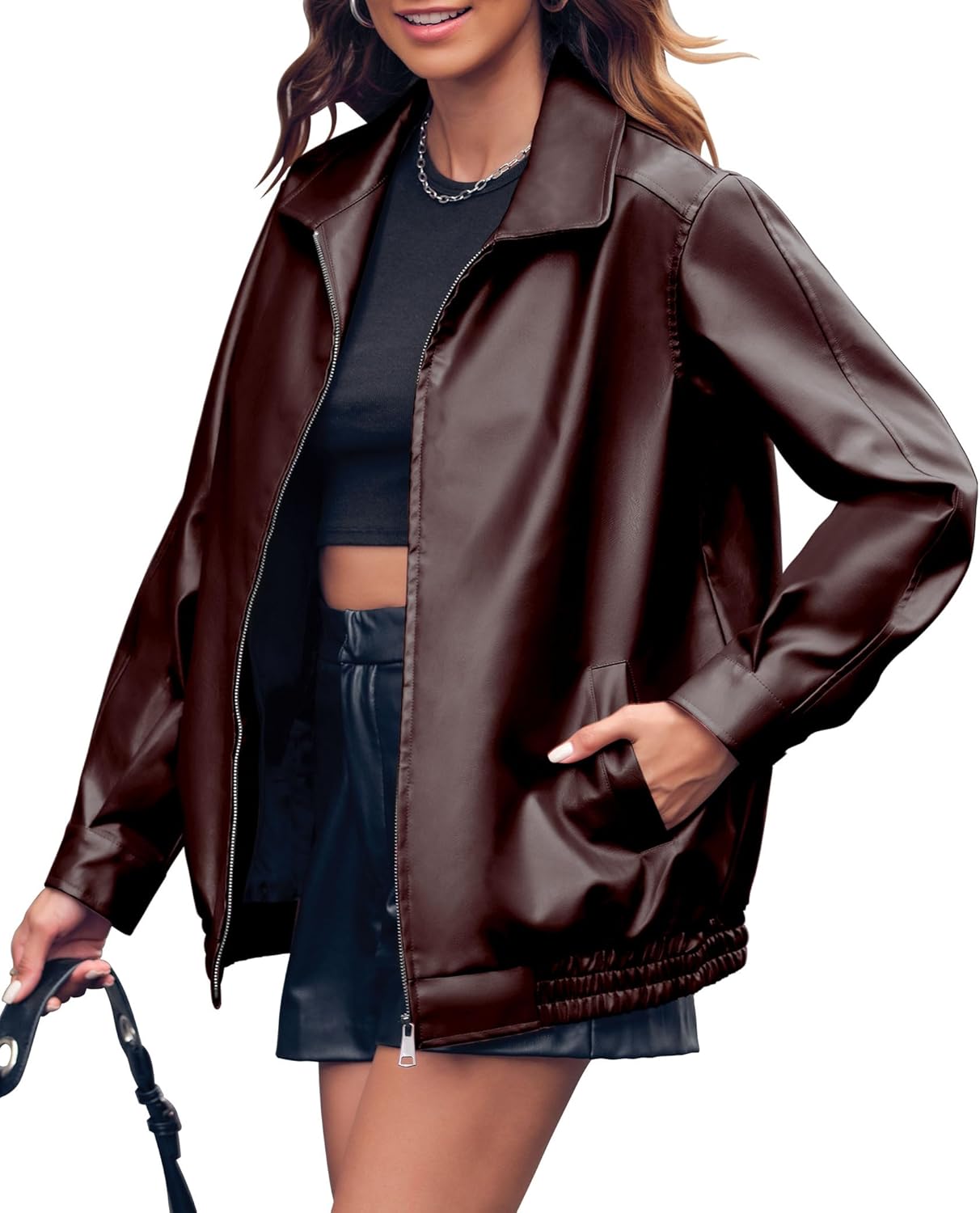 Miladusa Womens Oversized Leather Jackets Faux Casual Zip Up Trendy Bomber Motorcycle Jacket with Pockets - Image 2