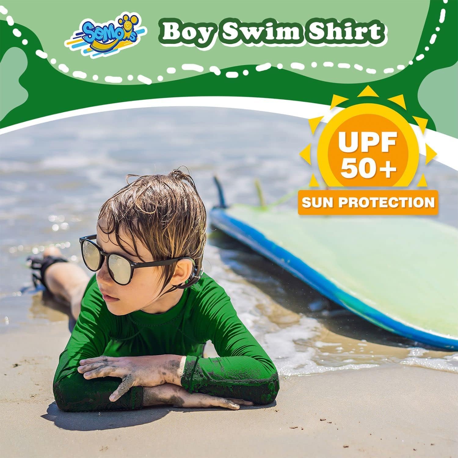 Semois Boys Rash Guard Green 7-8Y Swim Shirt Long Sleeve for Toddler Kids Rashguard Water Swimwear UPF+ 50 Swimming Shirt - Image 2