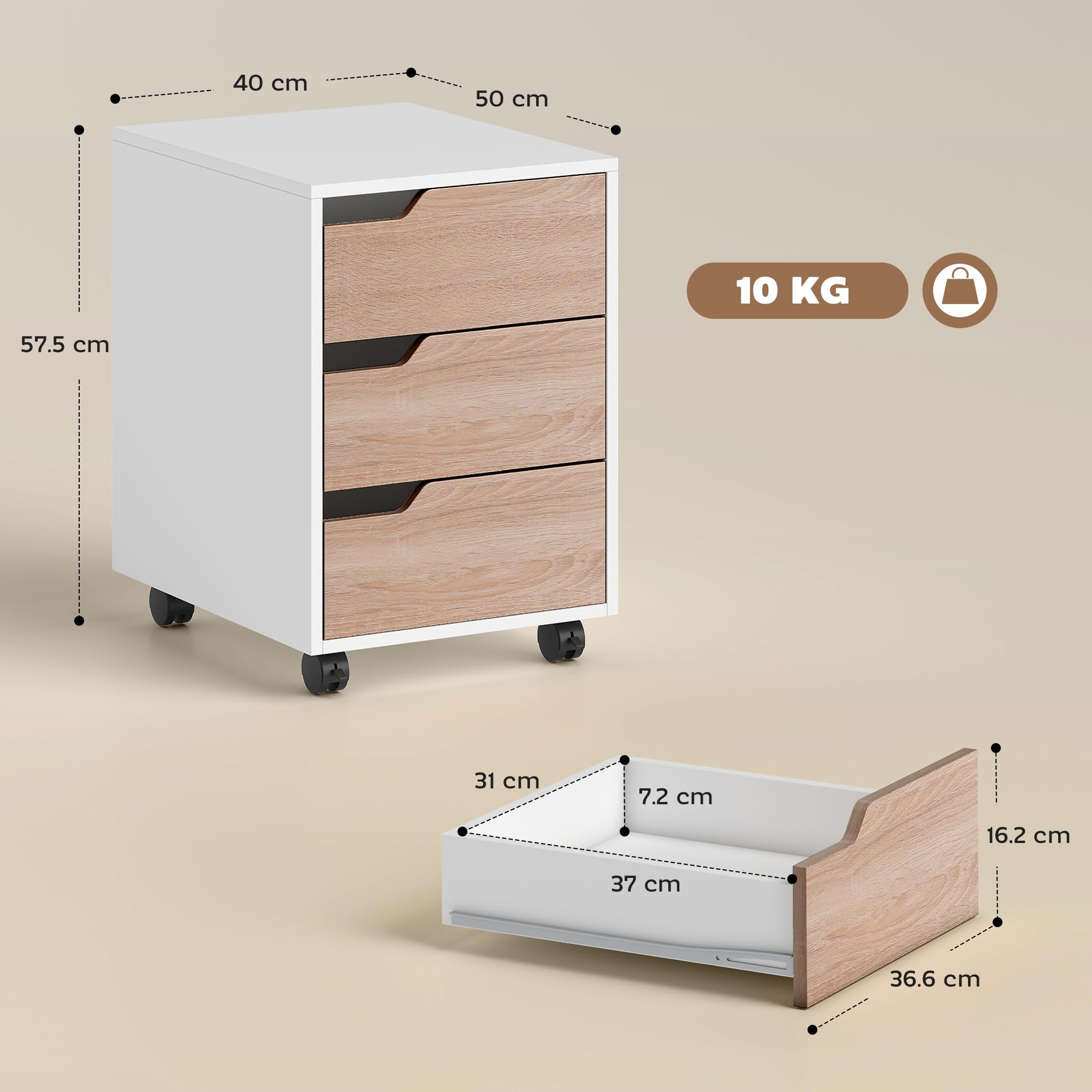 HOMCOM Cassettiera da Ufficio Portadocumenti a 3 Cassetti con Maniglie a Scomparsa, Armadietto da Ufficio a 4 Ruote in Legno e Metallo, 40x50x57.5 cm, Legno e Bianco