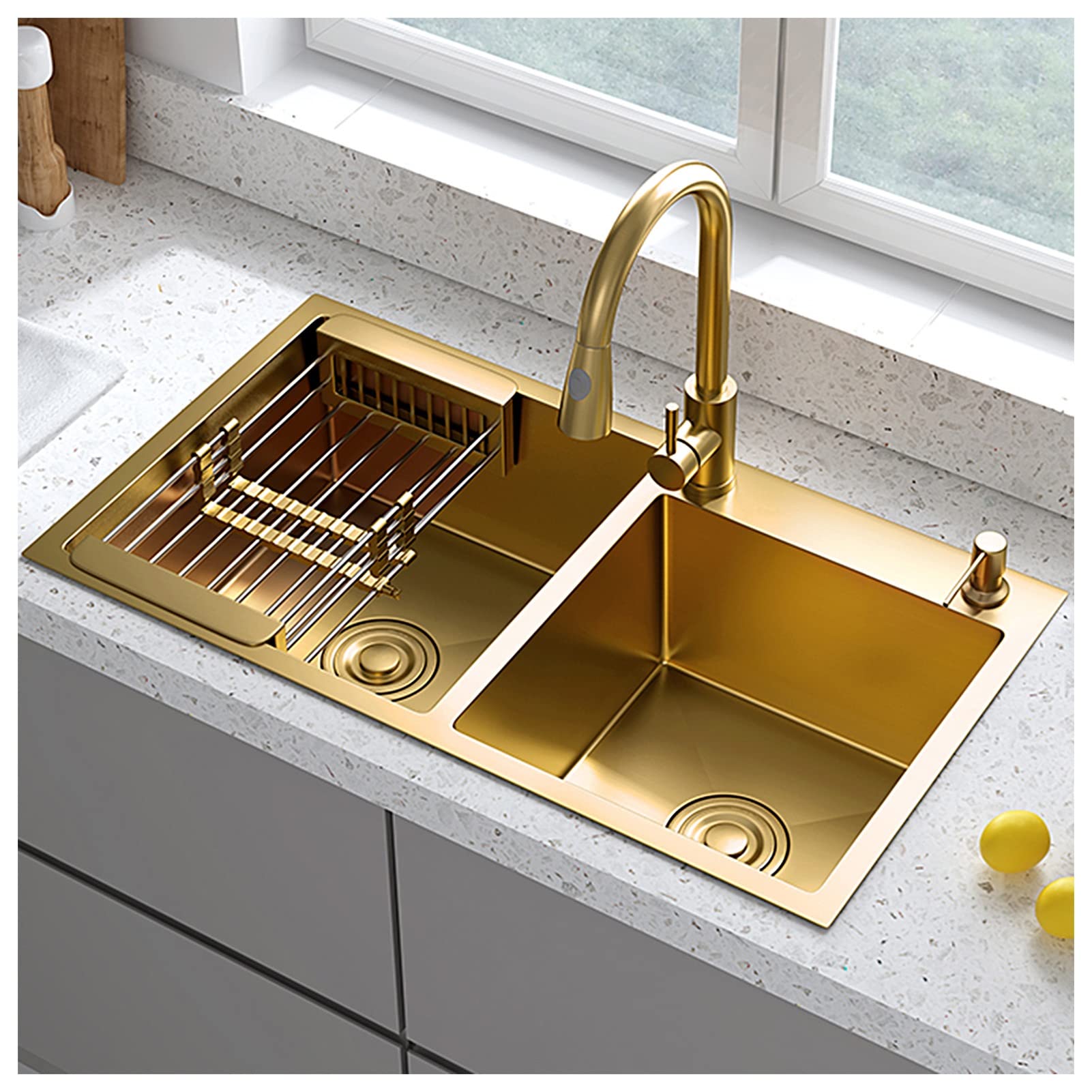 ZQFHSX Double Bowl Bar Sink Kitchen With Faucet Undermount 304 Stainless Steel Stepped Wash Basin (Color : Gold-c, Size 72x40x21cm)