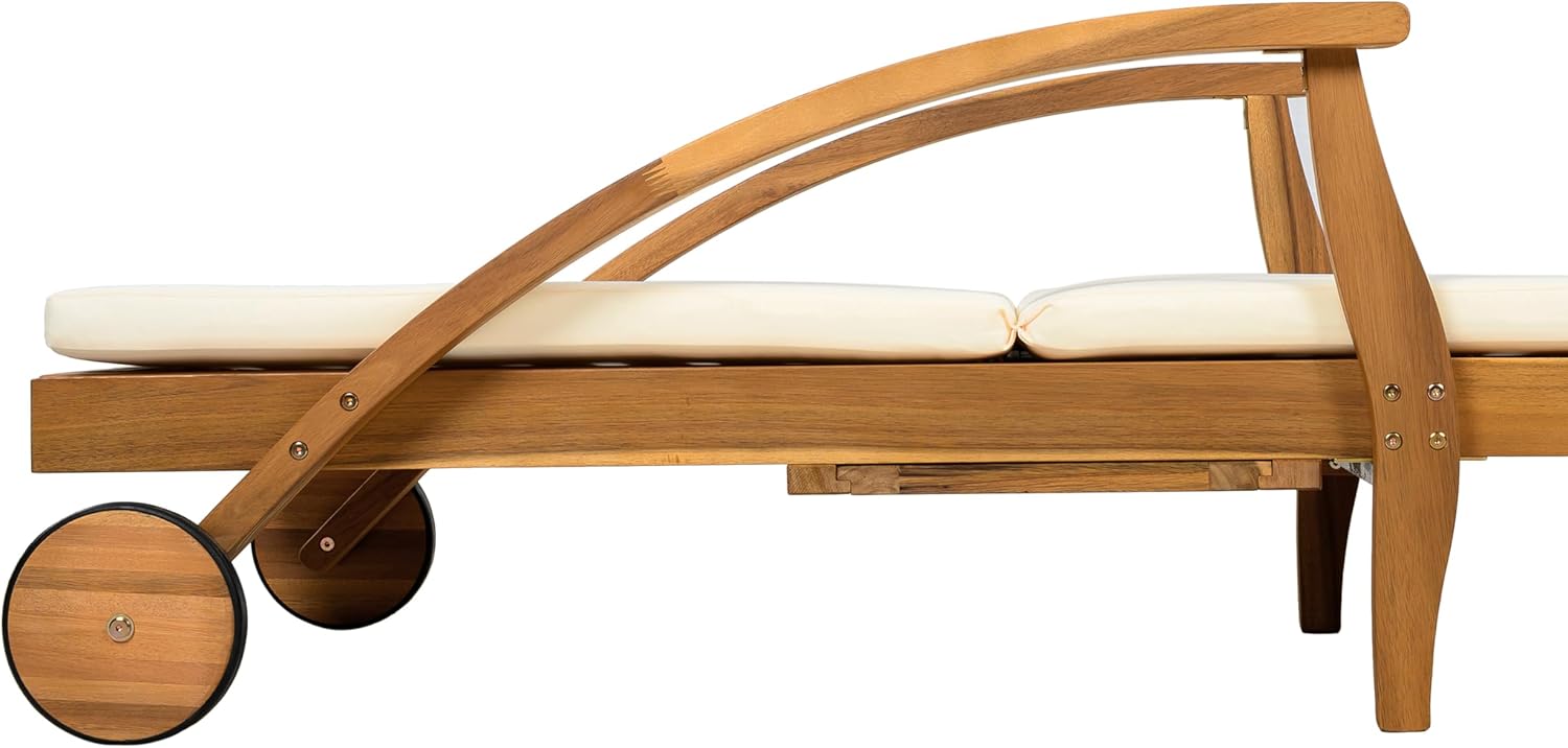 Christopher Knight Home Wilky Acacia Wood Chaise Lounge Chair Outdoor with Armrest, Wooden Patio Outdoor Chaise Lounge with Wheels and Cushions, Adjustable Backrest Single Lounge Sofa, Cream+Teak