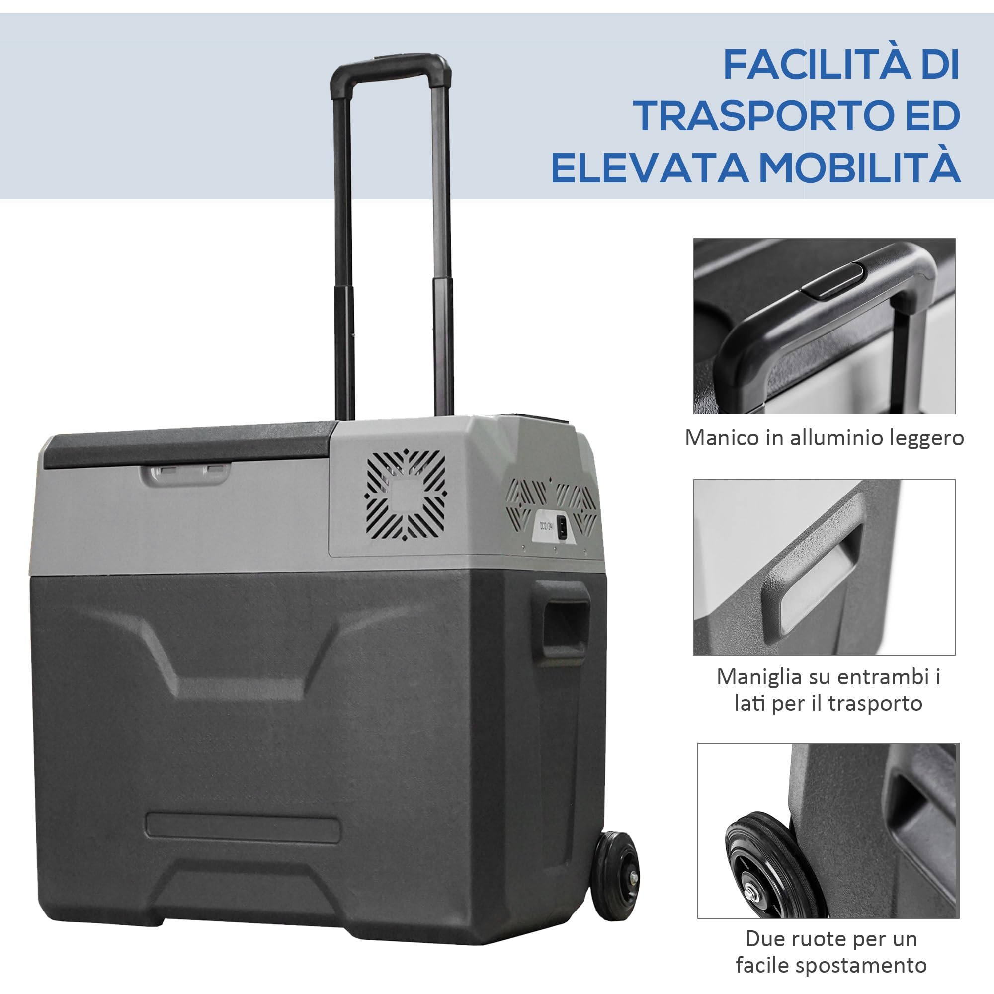 HOMCOM Frigorifero Portatile per Auto 50L 12/24V DC 110-240V AC, Frigo Portatile con Pannello Touch, Maniglia e 2 Rotelle, in Alluminio e Plastica, per Barca, Camper, 58.6x37.8x54.5 cm, Grigio