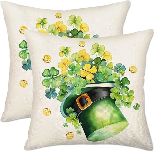 Juego de 2 fundas de almohada de trébol con sombrero de día de San Patricio, 24 x 24 pulgadas, con sombrero de jazz verde, trébol de la suerte,