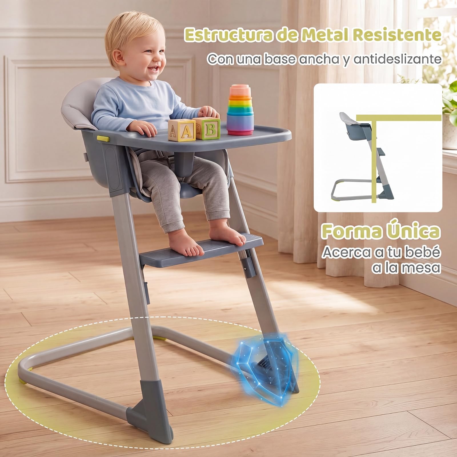 COSTWAY Trona para Bebé, Silla de Comer Alta | con Bandeja Extraíble y Ajustable, Arnés de Seguridad, Reposapiés, Estructura de Metal, Asiento Infantil para Hogar, 58 x 62