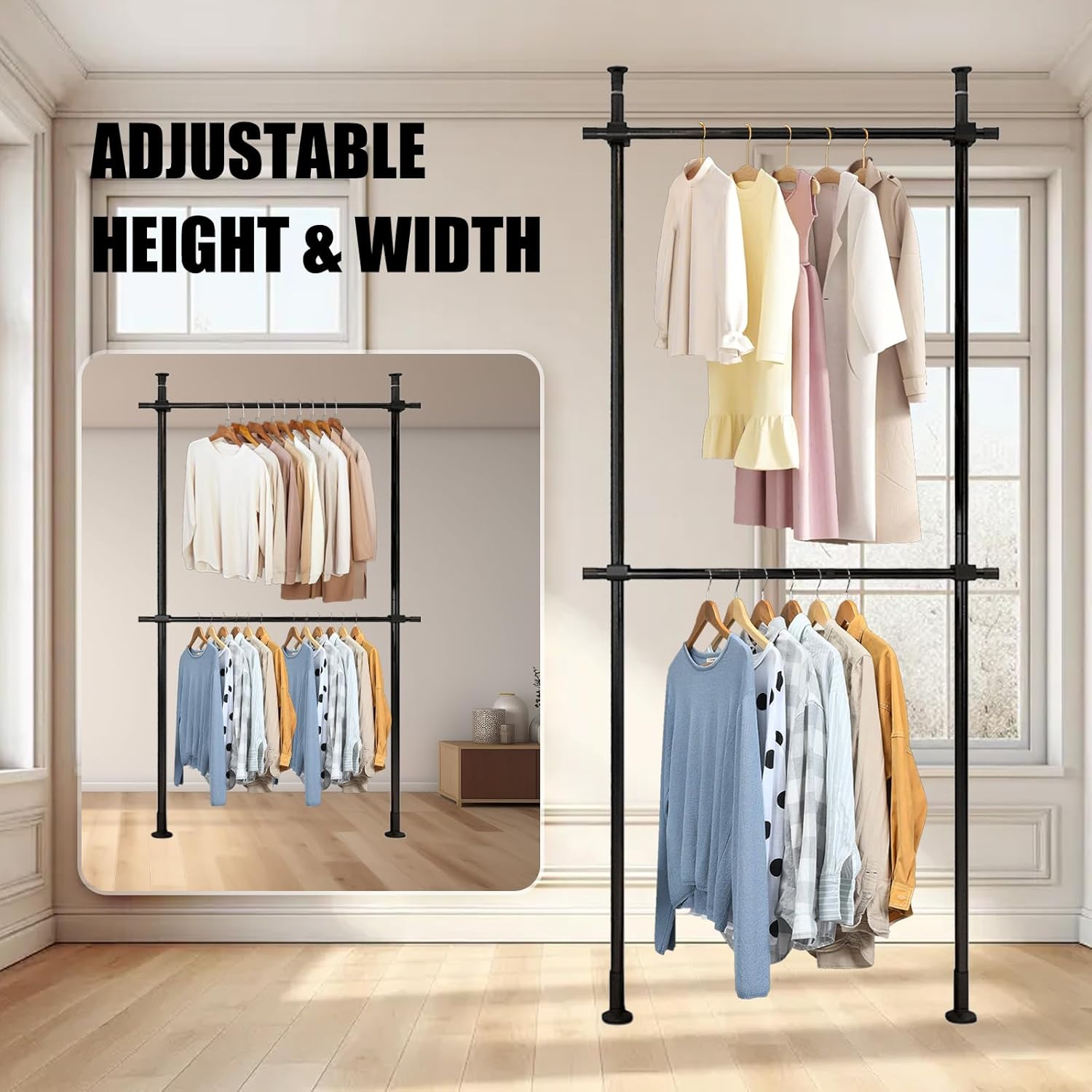 Heavy Duty Double Bar Clothing Rack – Adjustable Floor-to-Ceiling Clothes Rack, 2 Crossbars 220 lbs Capacity Each, Heavy-Duty Carbon Steel, No-Drill Installation, for Laundry Room, Bedroom & Boutique