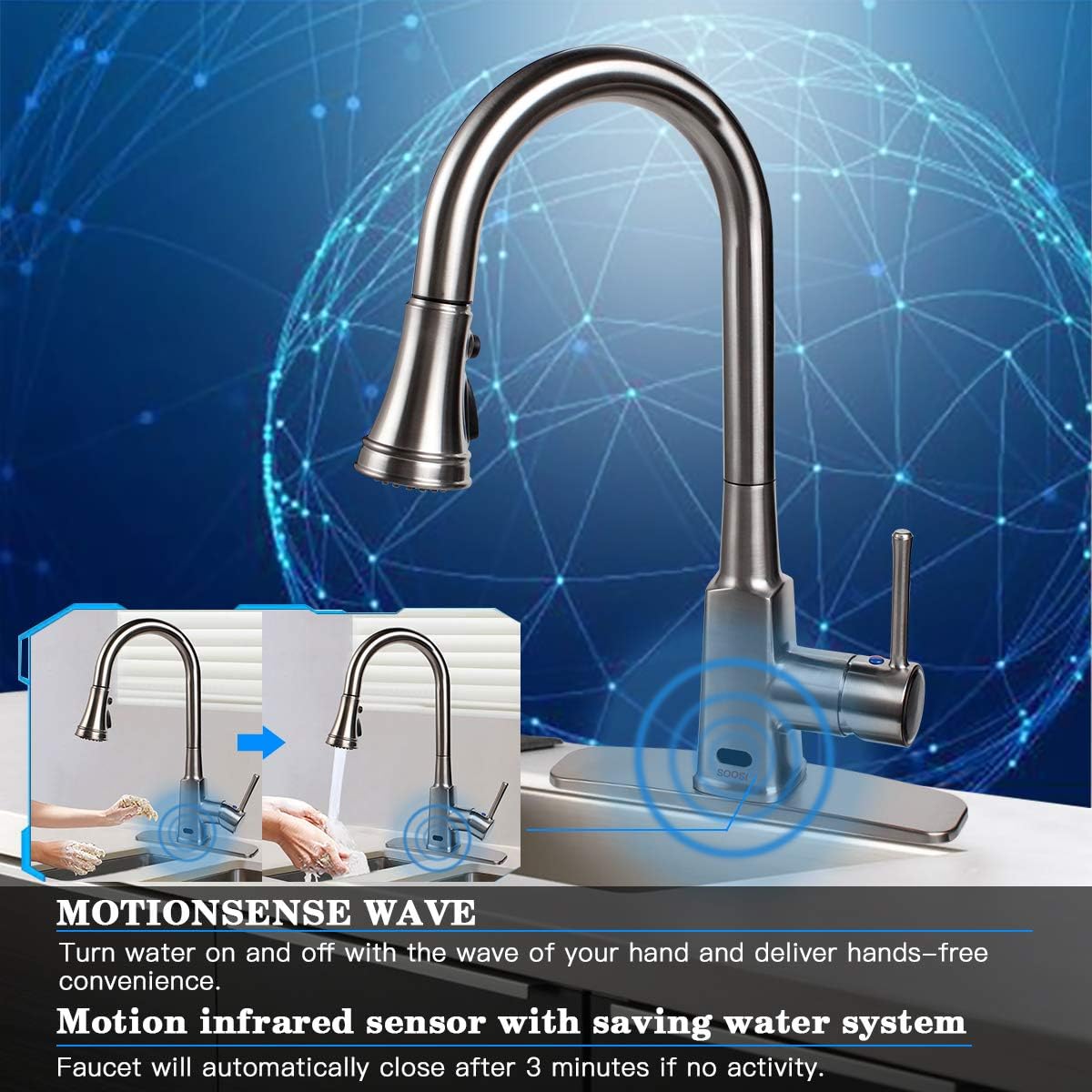 Super Deal Product Motion Sensor Automatic Kitchen Faucet Touchless,Soosi Kitchen Faucets with Pull Down Sprayer Single Handle One/3 Hole 3 Setting Touch Kitchen Faucet Brushed Nickel Solid Brass Spot Free, Deck Mount