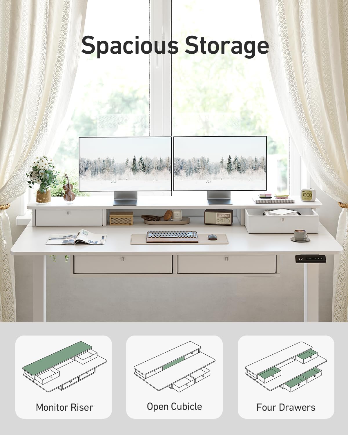 FEZIBO 55 x 30 inch Standing Desk with Drawers, Height Adjustable Electric Workstation, Computer Sit Stand Up Table with Large Storage Shelf 4 Drawers and 2 Hooks, White