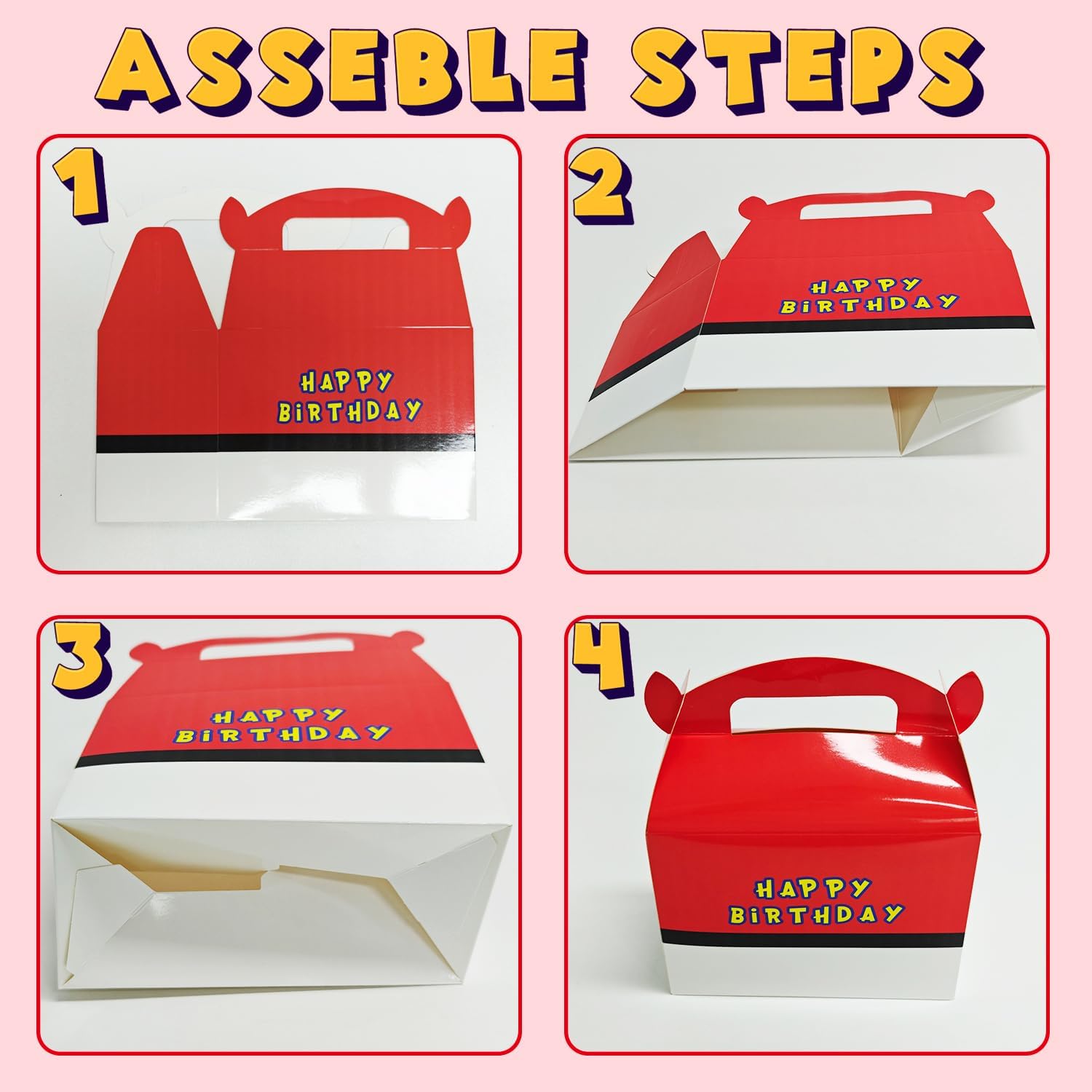 Qouui 24 Pack Red White Party Favor Treat Boxes, Gable Paper Boxes with Handles, Cartoon Animation Party Candy Boxes for Birthday, Graduation, Babyshower - Image 6