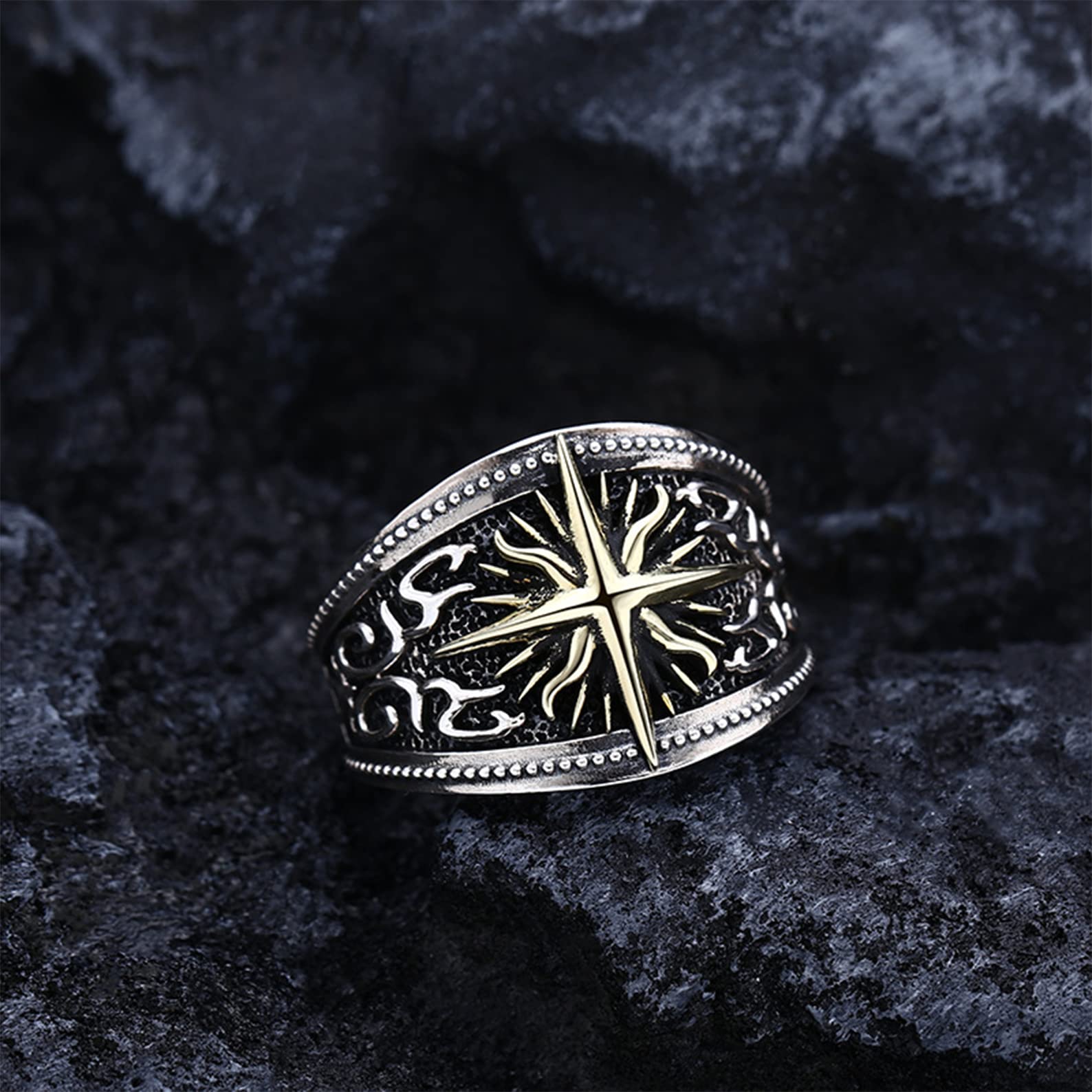 Anello vintage da uomo in argento sterling S925 placcato oro con croce e stella, fatto a mano, accessori per gioielli