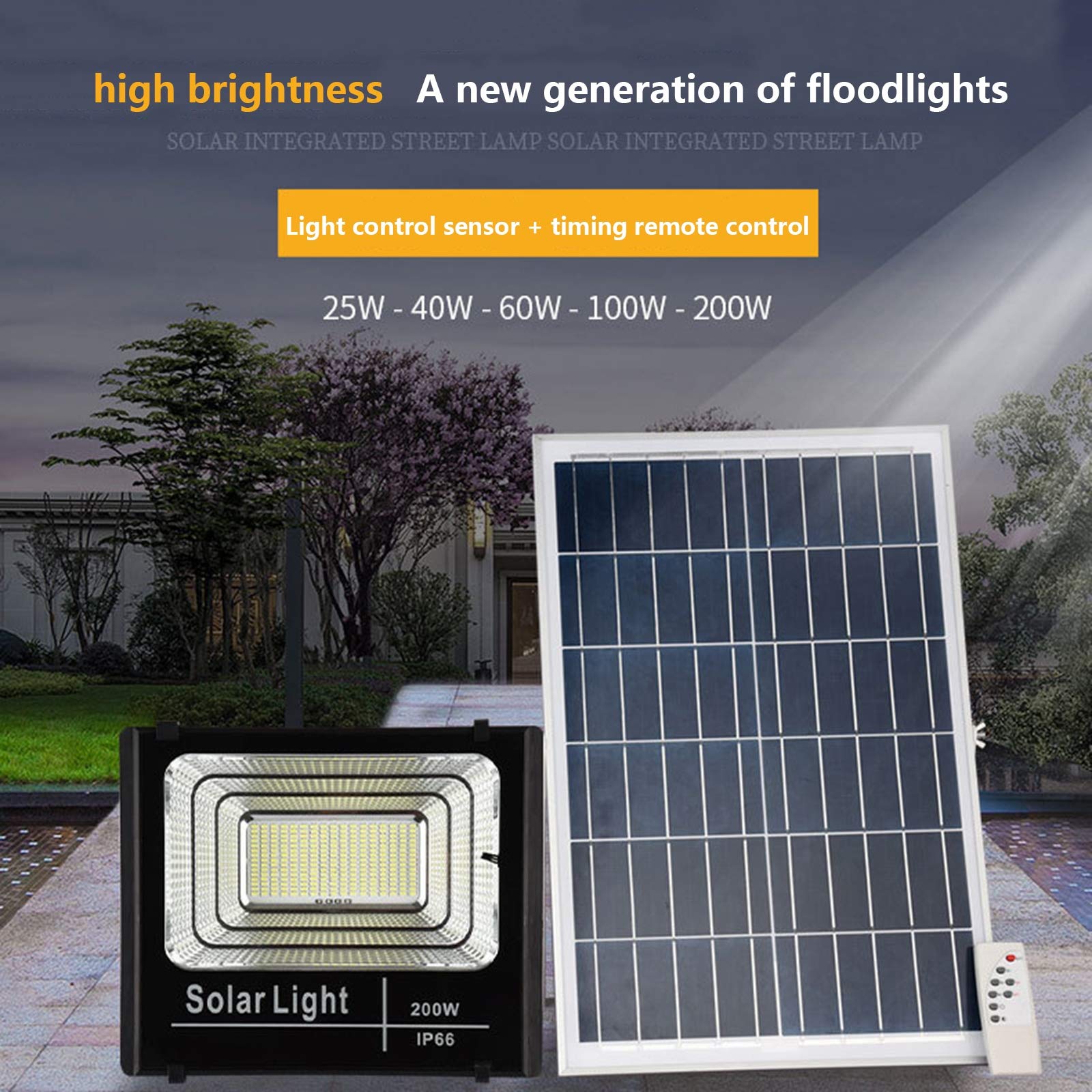 Proiettori solari, luci a LED Intelligenti per Esterni, Impermeabili IP65, per Cortili, con Controllo remoto, Ideali per insegne pubblicitarie, parchi e lampioni stradali,