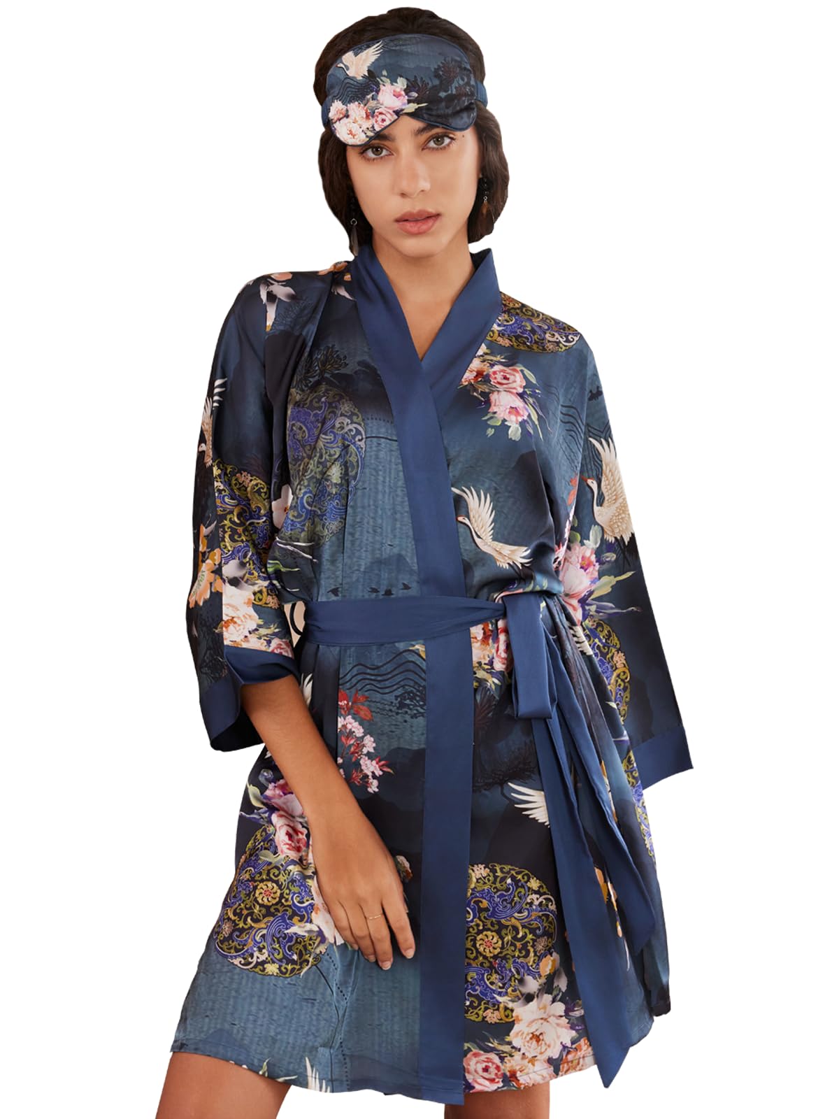 Ulivary Women's Floral Silk Satin Kimono Robe with Sleep Mask 2Pcs Asian Art Printed Luxury Dressing Gown