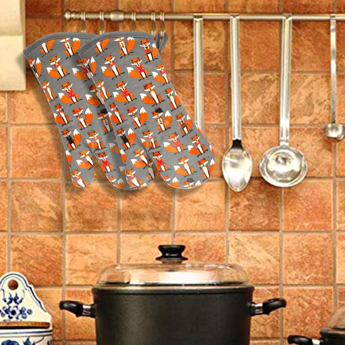 Oven Mitts Gloves 1 Pair Heat Resistant 480 ℉ Non Slip Clear Silicone Printed Fox Comfortable Cotton Lining Kitchen Women Men Cooking Baking Barbecue Machine Washable (Fox, Gray Mittens) - Image 8