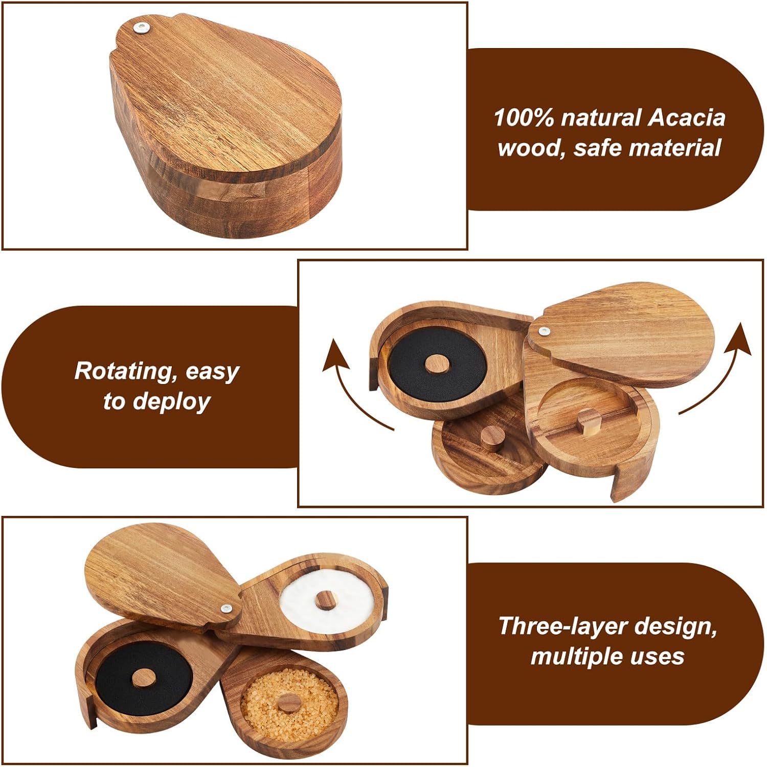 Mifoci Acacia Wood 3 Tier Bar Glass Rimmer Bartender Tool with 12 Pcs Stainless Steel Classic Bottle Pourers, Bar Caddy with 6 Compartment, 1000 Pcs Coffee Cocktail Stirrers, 200 Napkins