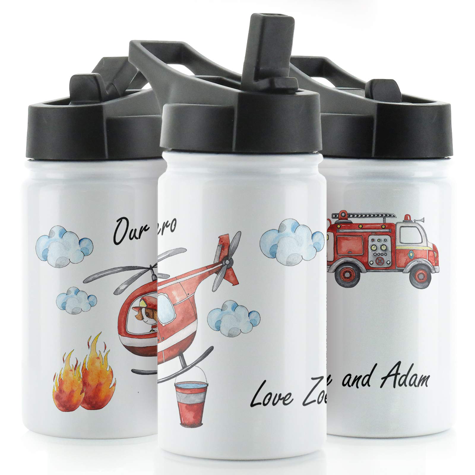 Hairyworm Personalised Water Bottle, 350ml White Sports Flask with Straw Cap Flip Lid, Stainless Steel, Customised with Initial/Name, 'Our Hero' Fireman Helicopter Design Print, Dad Drink Bottle