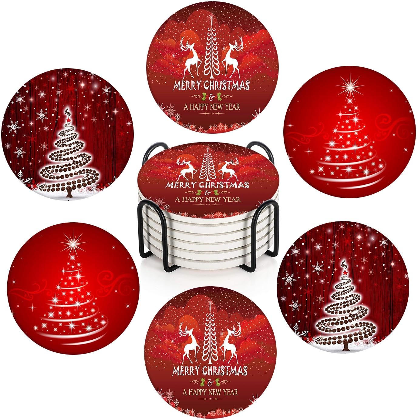 Dessous de verre de Noël absorbants en pierre ronde avec base en liège x6