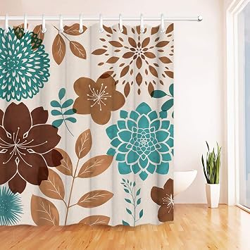 RnnJoile Teal and Brown Shower Curtain Turquoise and Teal Blue Flower Curtain for Bathtub Taupe Floral Bathroom Decor with Hooks 72"X72" Inches