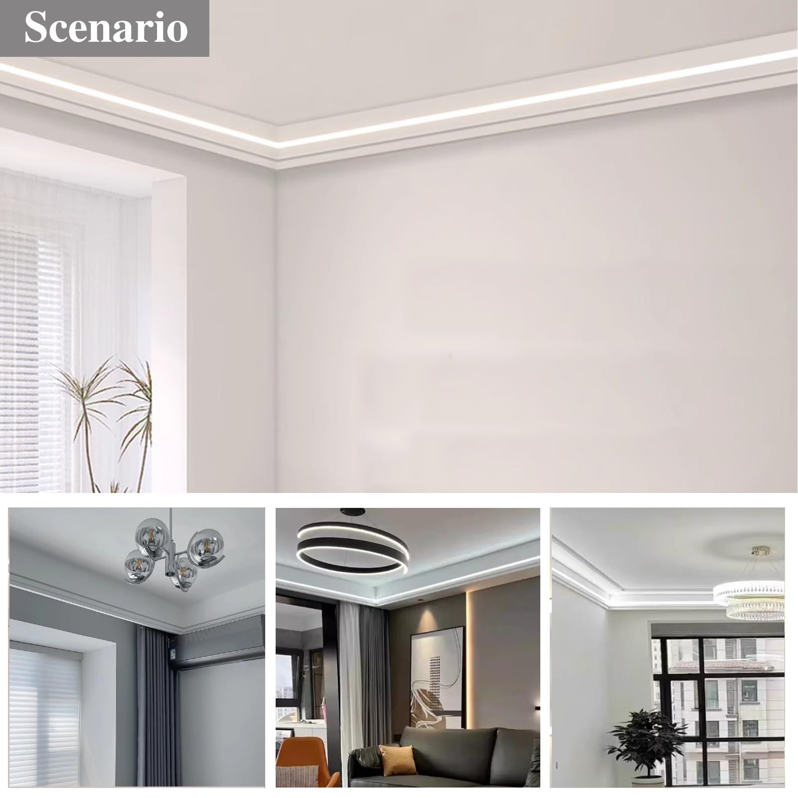 Sistema di illuminazione a LED per casa, palestra, garage o officina, modanatura indiretta per diffusori e canali a binario, rivestimento per pareti e soffitti con alloggiamento
