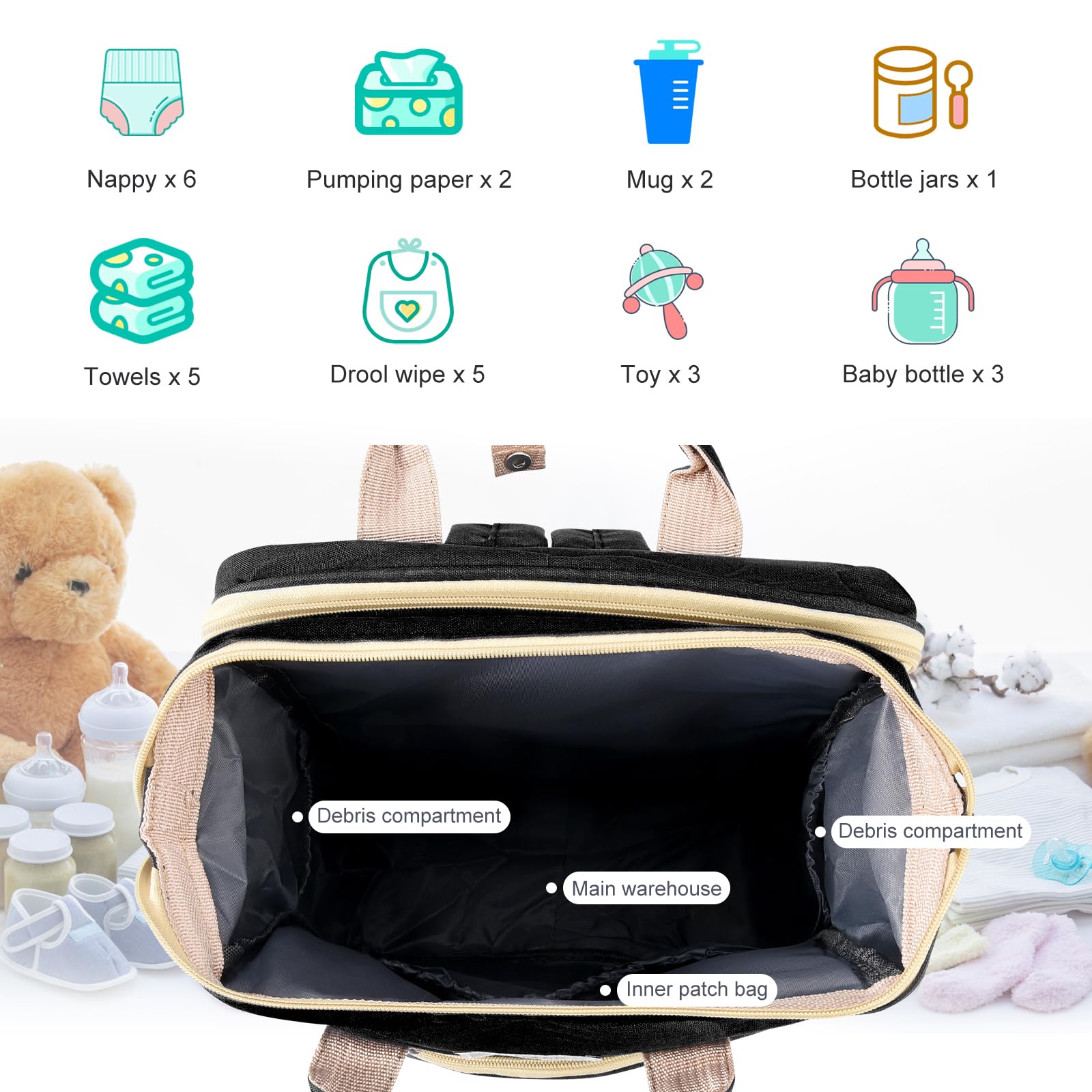Sac a Langer a Dos avec Sacs à Langer Lit Grande Capacité, Grande Sac à Couches avec Matelas à Langer,sac à Dos pour lit Bébé,sac de Voyage avec Lit Pliable et Pare-Soleil (noir)