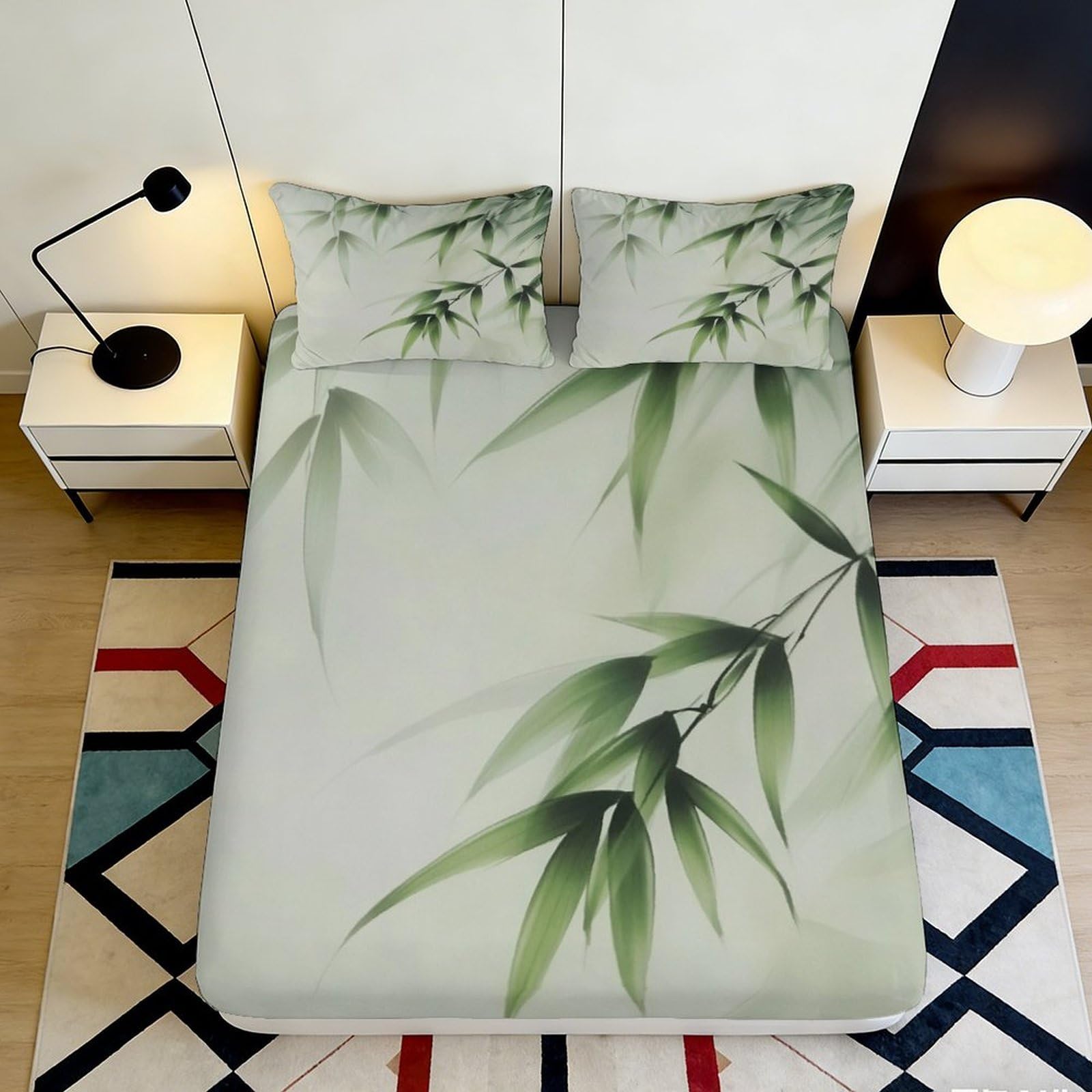 3D Printed Bamboo Leaf Fitted Sheet Microfiber Soft Green Plant Mattress Cover for Bedroom Guest Room Dorm Decor 90x200x25cm