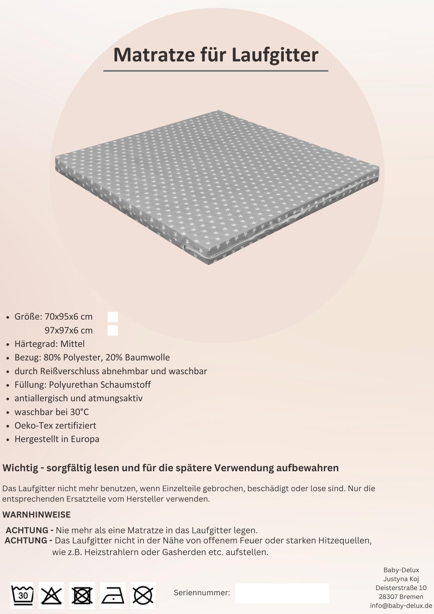 Laufgittermatratze 75x100 cm für Laufstall Laufgitter Schaumstoff Matratze Grey Stars Oeko-TEX