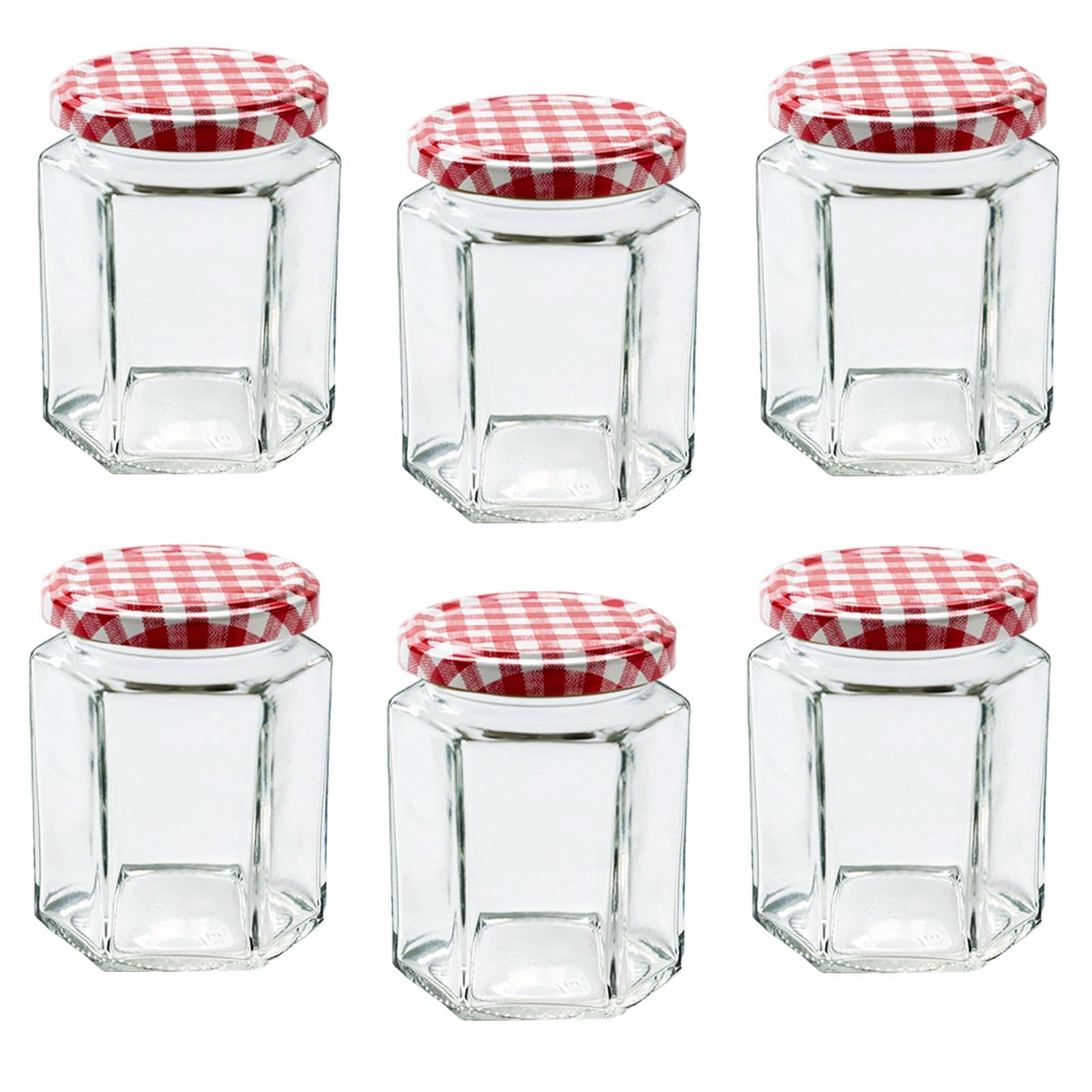 Eidoct 6 Pack 280ml Glass Hexagonal Jam Jar with Red Gingham Lid, Reusable Clear Food Storage Jars for Homemade Kitchen Spices,Food,Jam,Fruit,Salad,Yogurt,Sweets,Honey,Chilli Sauce