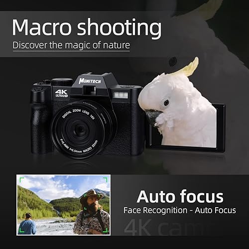 Miniatura 3 de Monitech Cámara digital para fotografía 4K 48MP Vlogging Cámara para YouTube con pantalla abatible de 180, zoom digital 16X, tarjeta TF de 32 GB, 2