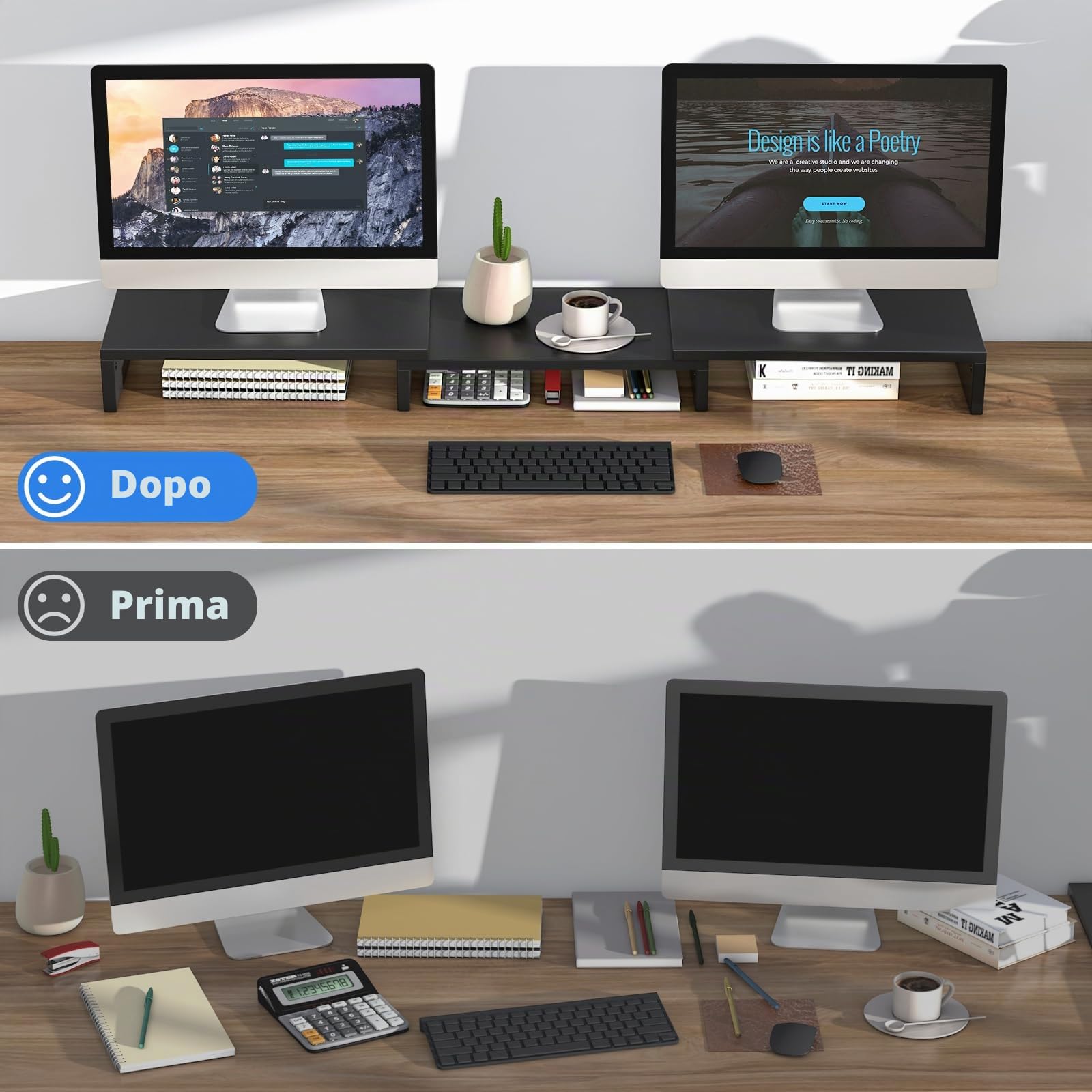 RFIVER Supporto per Doppio Monitor, Supporto Monitor 3 Ripiani per Laptop, Lunghezza Regolabile e Angolo di Rotazione di Legno Desktop Organizer Supporto Max 20 kg Nero