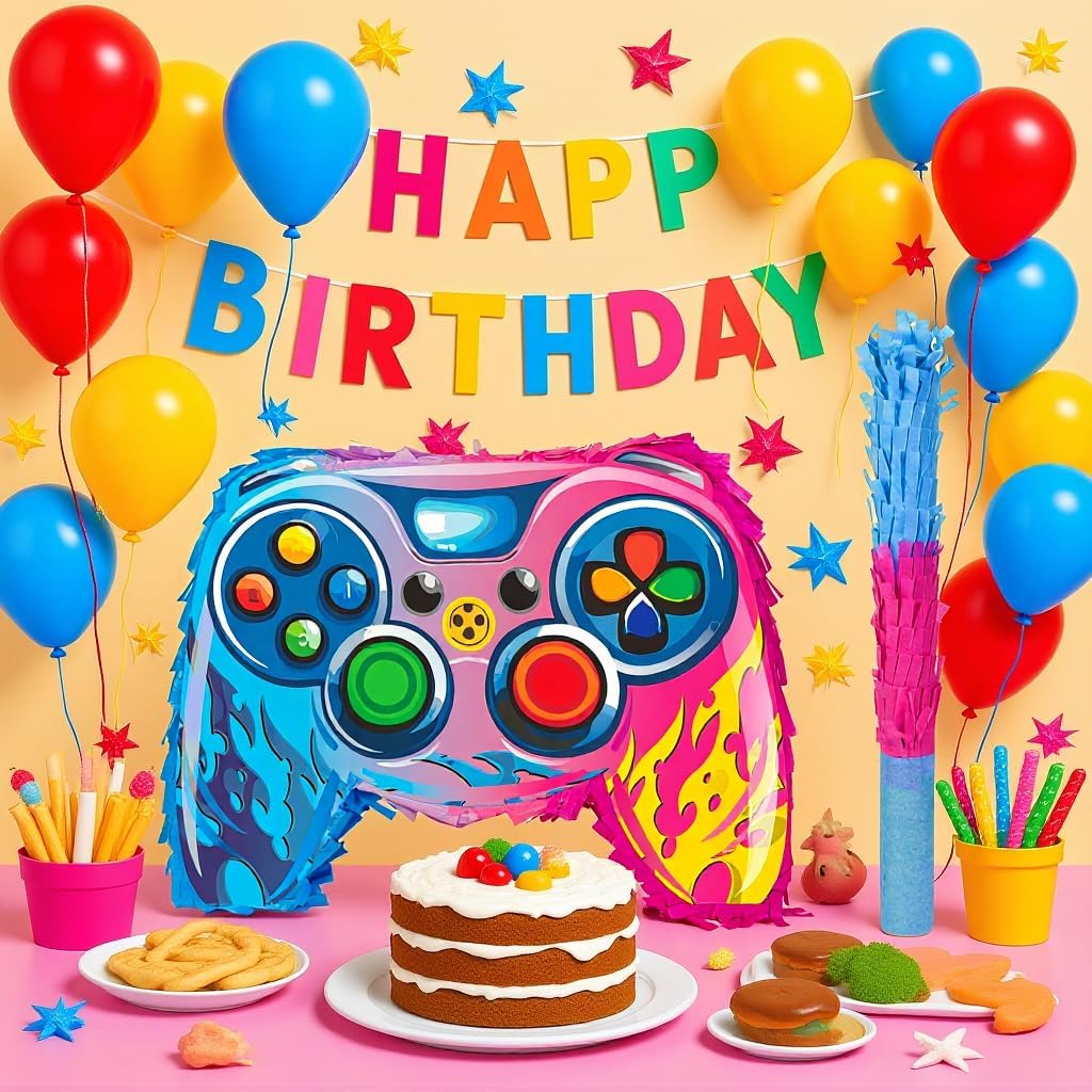 Game Controller Pinata with Stick Blindfold and Confetti | Video Game Pinata for Birthday Gamer Party Decoration, Party Supplies, 16 Inch