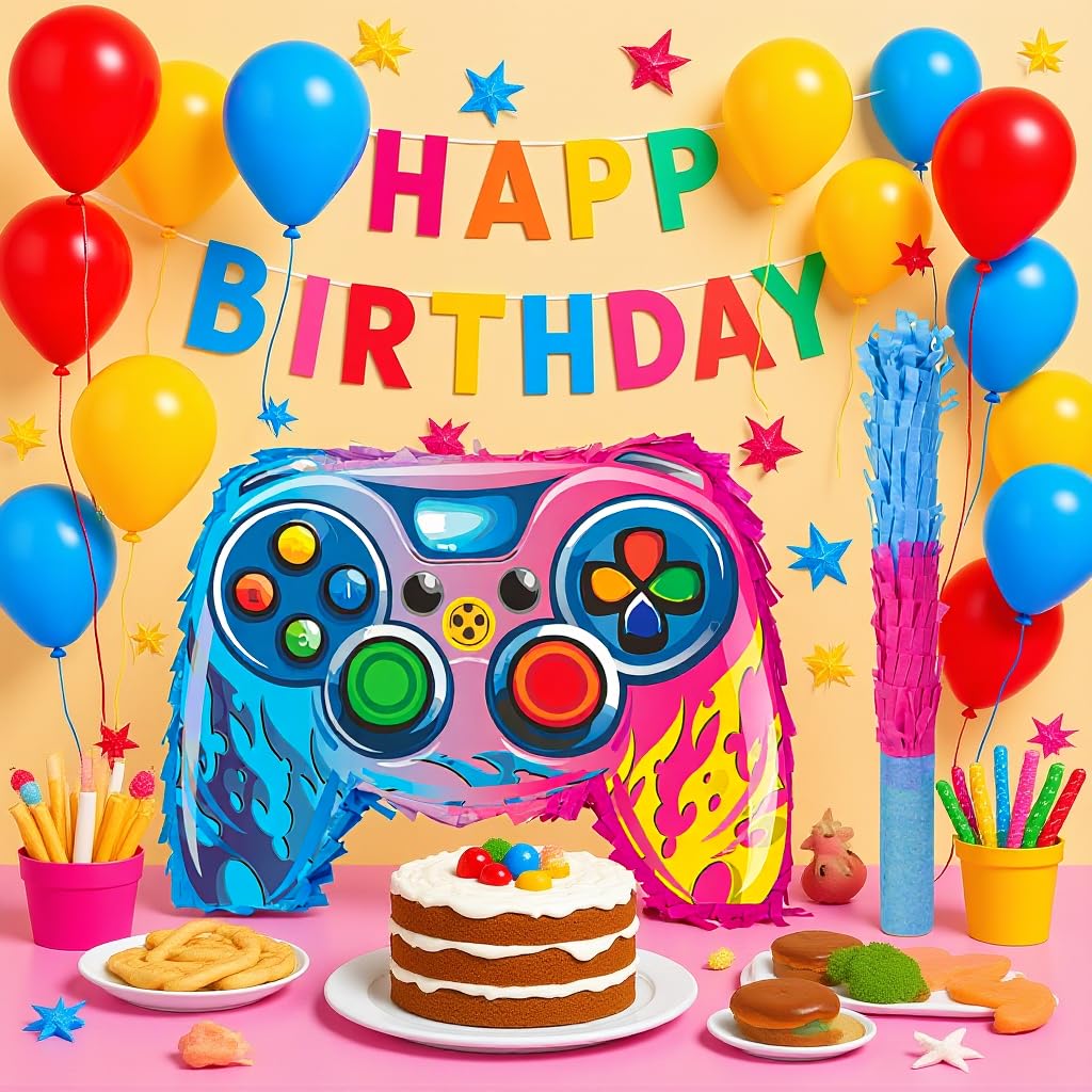 Piñata con palo para los ojos vendados y confeti, piñata de videojuegos para decoración de fiestas de cumpleaños, suministros de fiesta, 16 pulgadas