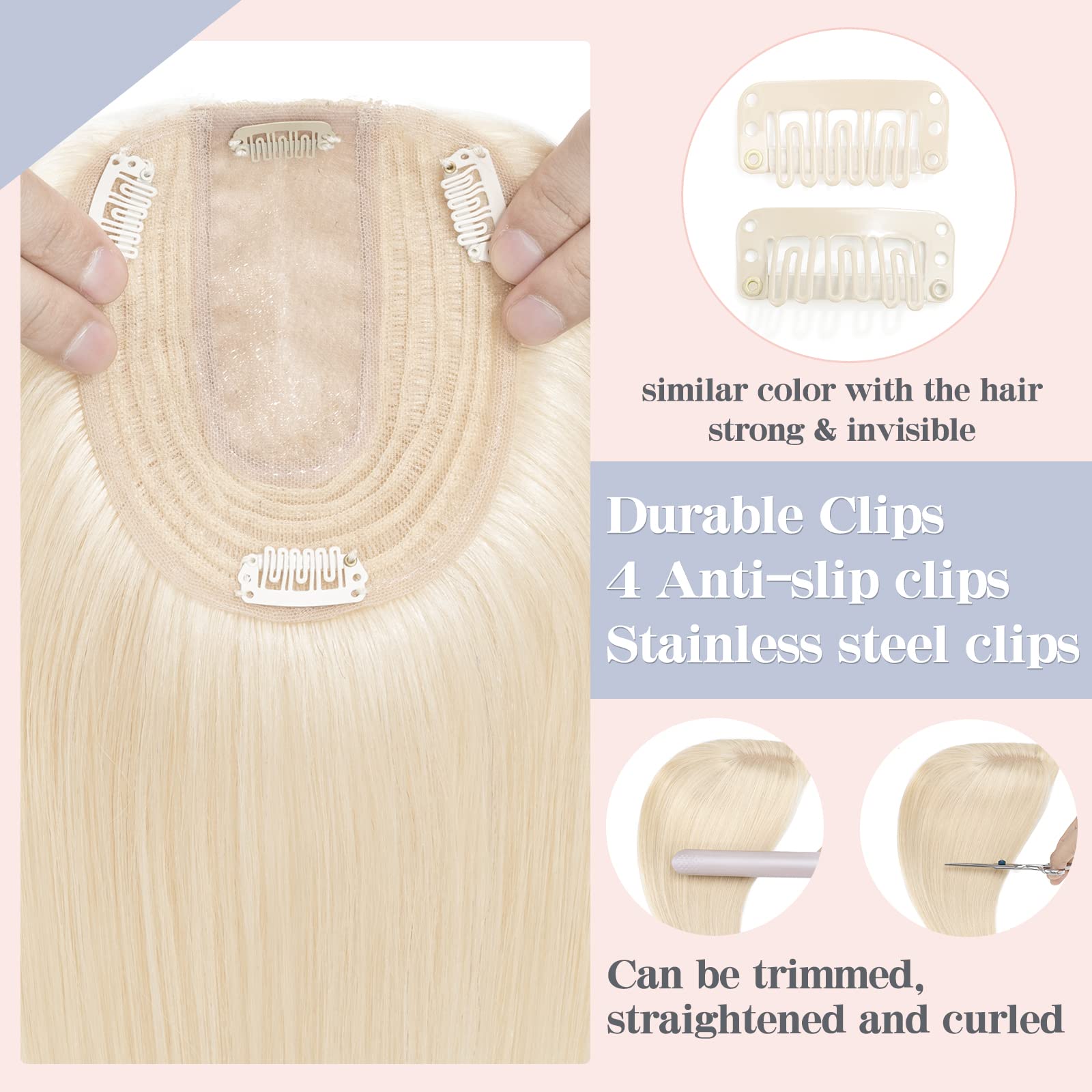 S-noilite Hair Toppers for Thinning Hair UK Clip in Topper Women 6 Inch 100% Real Human Toppers UK 6 Inch 27g(#60 Platinum Blonde) - Image 4
