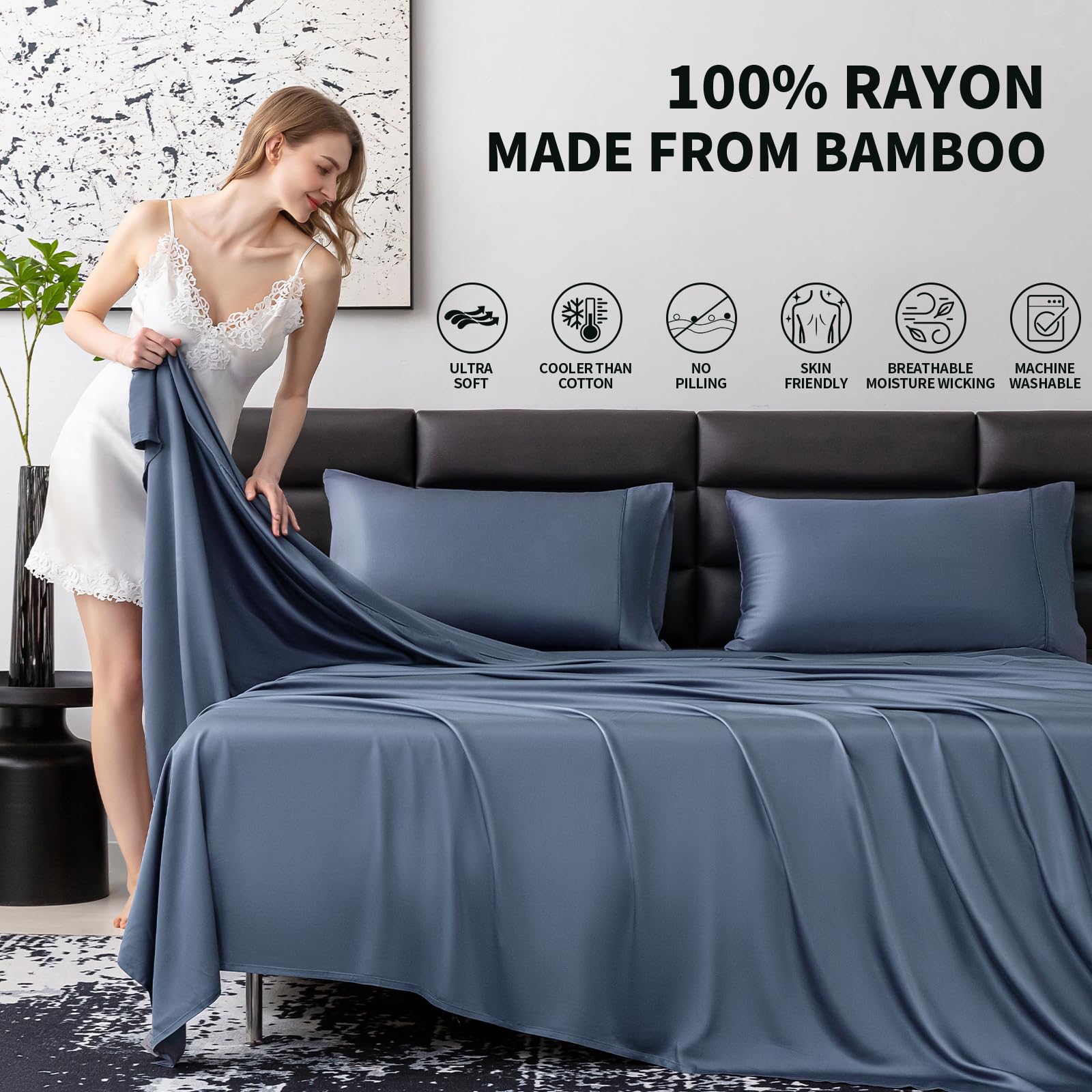 SilkWings Queen Bed Sheet Set -Genuine 100% Organic Viscose Derived from Bamboo, Luxuriously Soft & Cooling, Deep Pocket 16