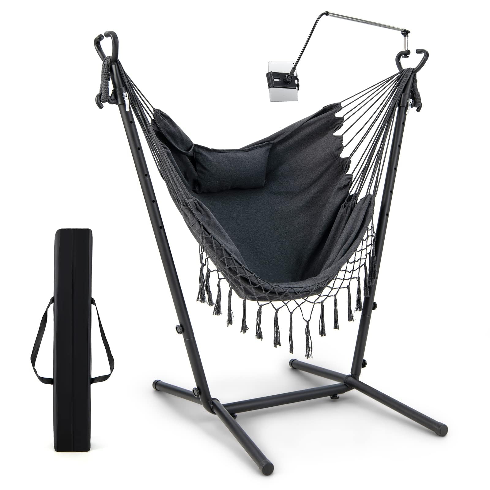 GOPLUS Silla Colgante con Estructura de Metal y Asiento de Algodón, Altura Ajustable y Soporte para Celular, Hamaca con Estructura, para Jardín, Patio y Dormitorio,Carga 250kg (Negro)