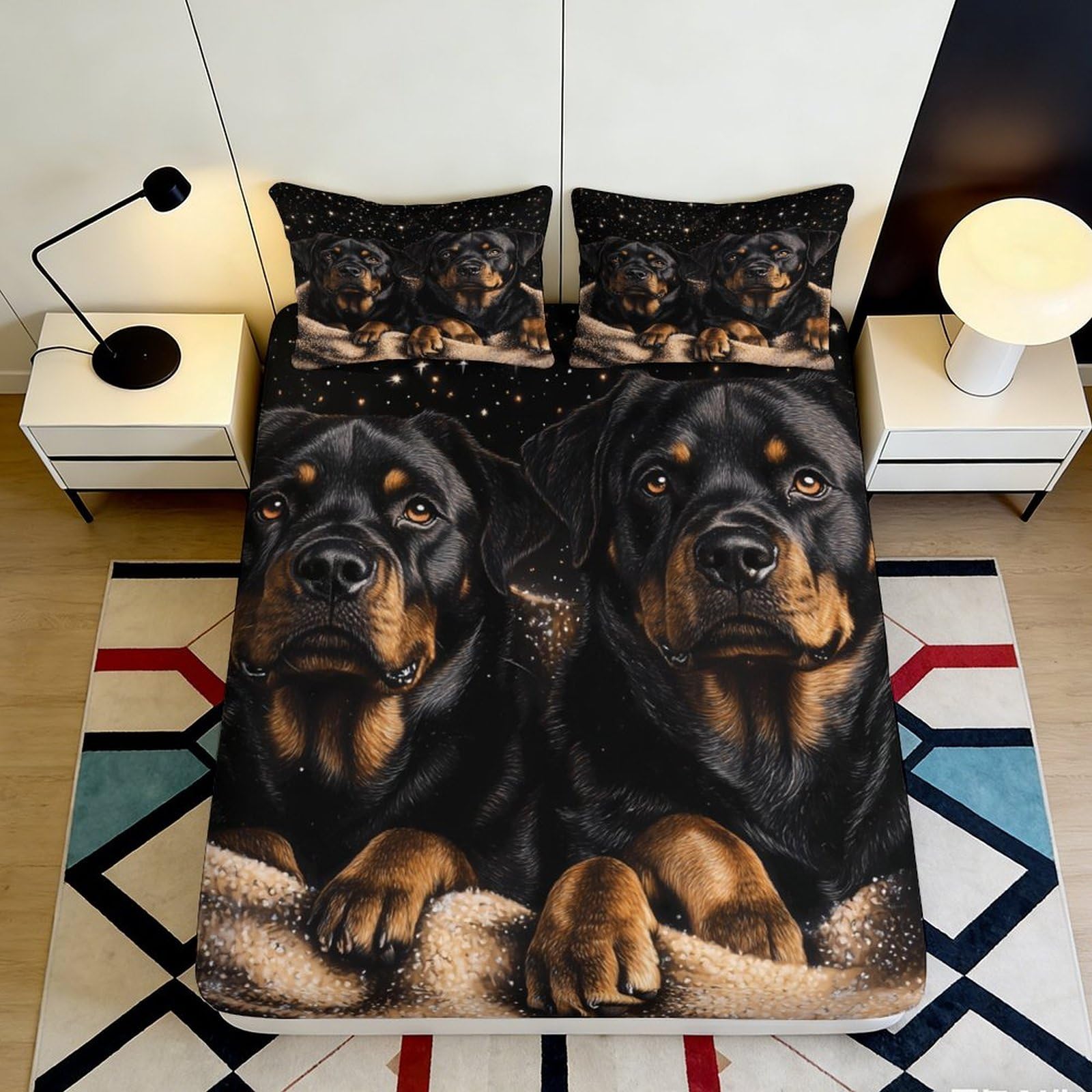 3D Printed Rottweiler Dog Fitted Sheet Microfiber Soft Non-Slip Starry Night Mattress Cover Bedroom Decor 120x200x25cm