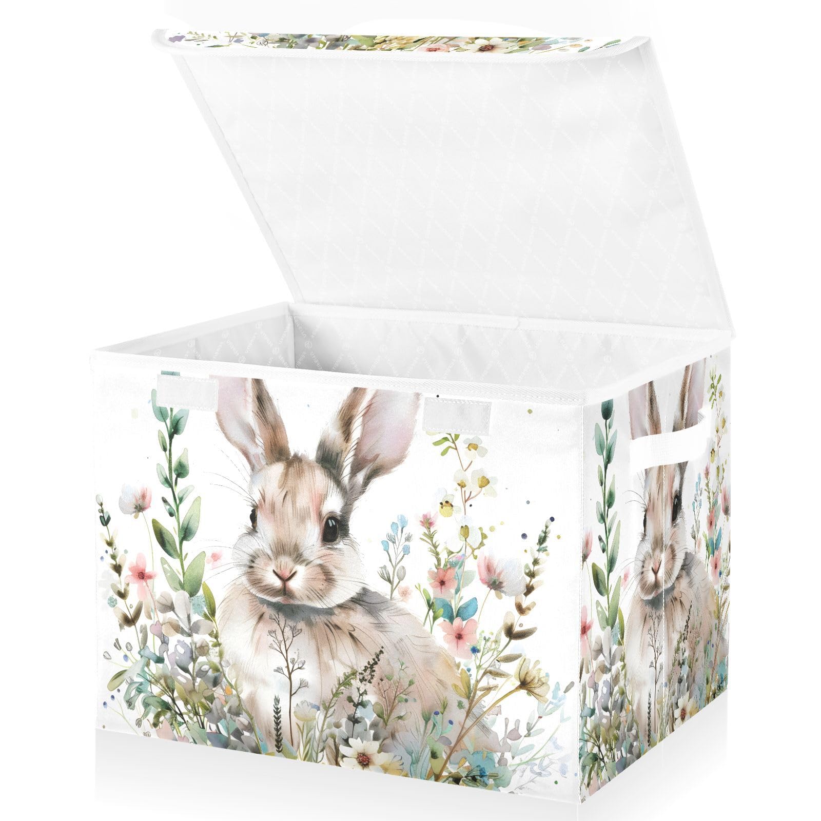Mnsruu Storage Boxes with Lids, Watercolor Bunny in Floral Bouquet Large Storage Basket Organizer Shelves Cube Bin Toy Clothes Underbed