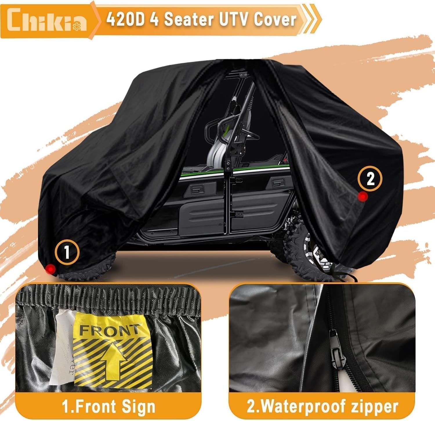 Chikia UTV 4-6 Seater Cover Waterproof with Zipper Compatible with Polaris Ranger Crew General RZR XP 4 Can am Commander MAX Defender Cfmoto Uforce 800XL 1000XL Windproof Outdoor Storage