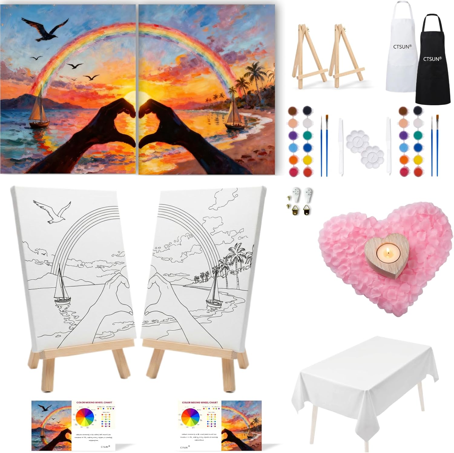 2 Pack Sip and Paint Kit for Couples – Pre-Drawn 8x10 Canvas Painting Set with Acrylic Paints & Brushes, Romantic Date Night Activity for Adults at Home (Premium Edition)