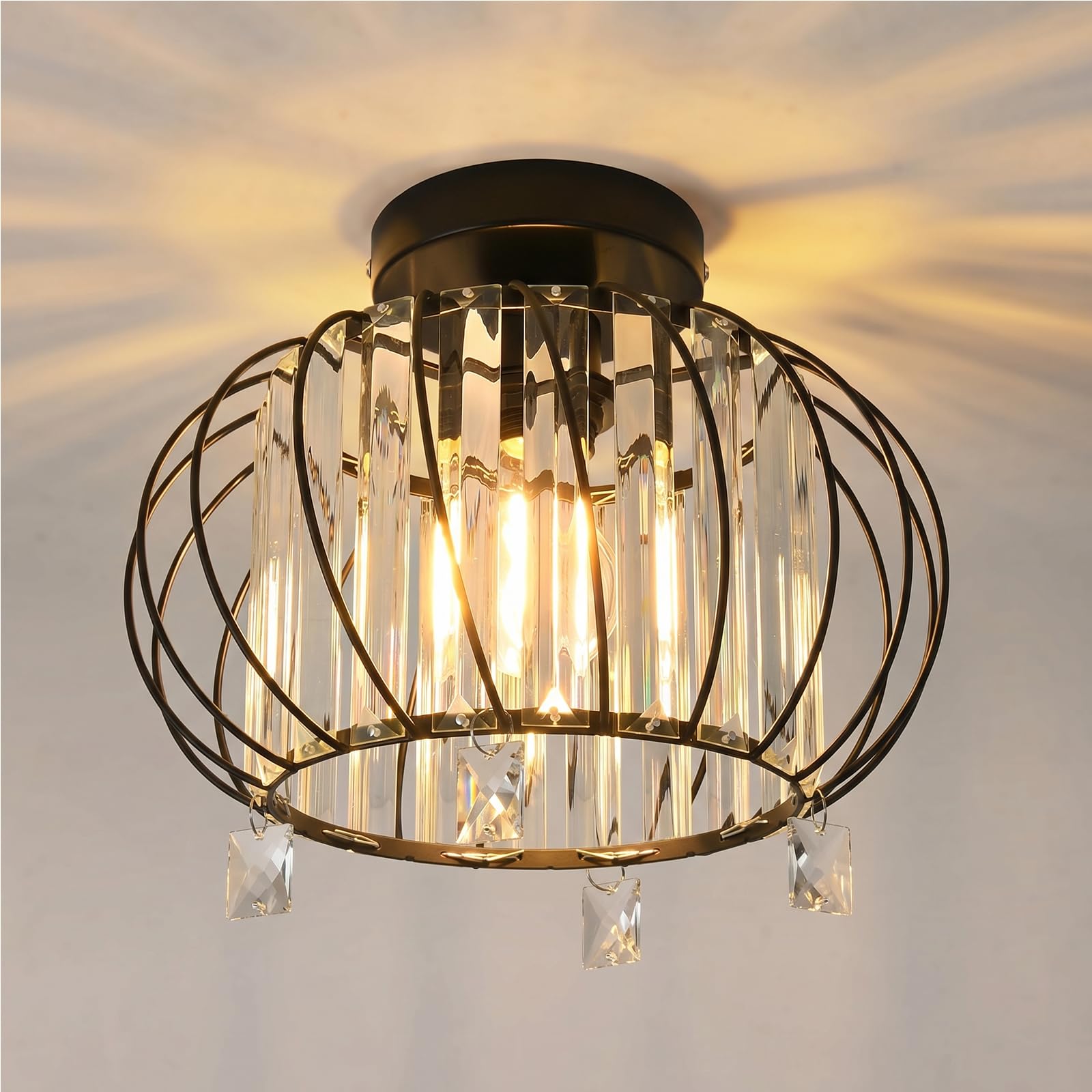 Anwio Black E27 Base Black Crystal Light Shade,Light Fittings Ceilings,Chandelier Lampshade,Ceiling Lights Living Room,Led Kitchen Chandeliers,Hallway Lights Ceiling(E27 Base,No Bulbs,Lamp Diam 28Cm)