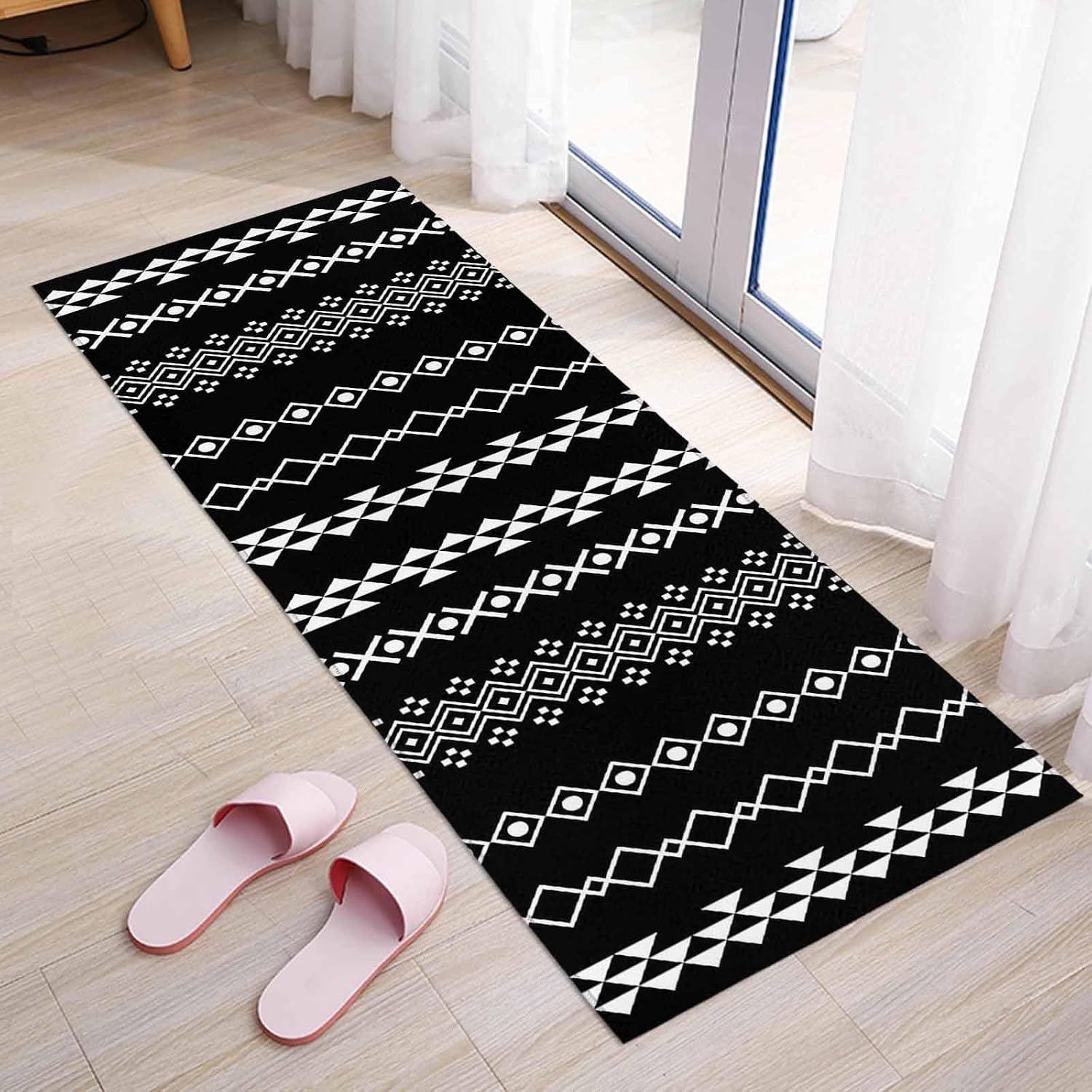 Teamery Kitchen Mats for Floor Traditional Tribal White Diamond Washable Non Slip Kitchen Rugs 1PCS, Boho Geometric on Black Absorbent Standing Mats for Sink Bathroom Office Living Room 15.7x47.2in