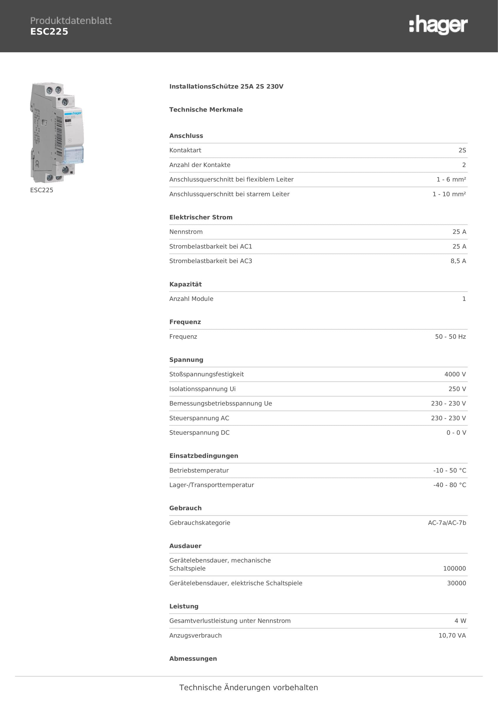 Contacteur Hager ESC225, 230 volts