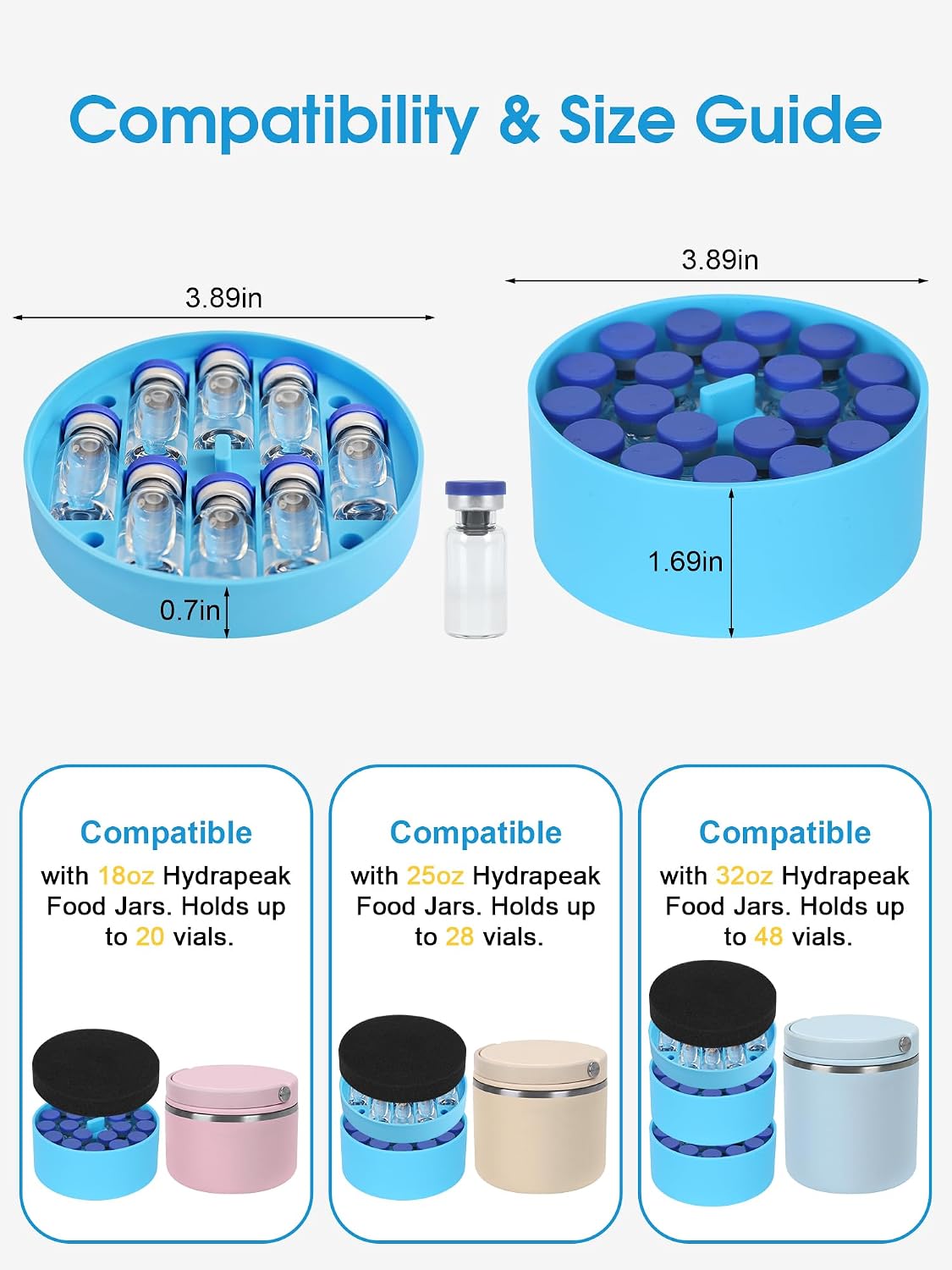 Silicone 3ml Vial Insert Organizer Compatible with Hydrapeak Food Jars 18oz 25oz 32oz, Travel Peptide Storage (1 Short +2 Tall) for Insulated Thermos, Holds up to 48 Vials (Blue, No Jar Included)