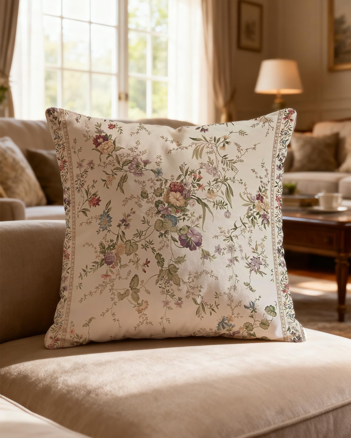 Feranovian Floral Pillow Cover 18x18 – Vintage French Country Botanical Throw Pillow Case– Cottagecore Shabby Chic Cushion for Couch, Living Room or Bedroom Decor Beige?gray 18" x 18" (Pack of 1)